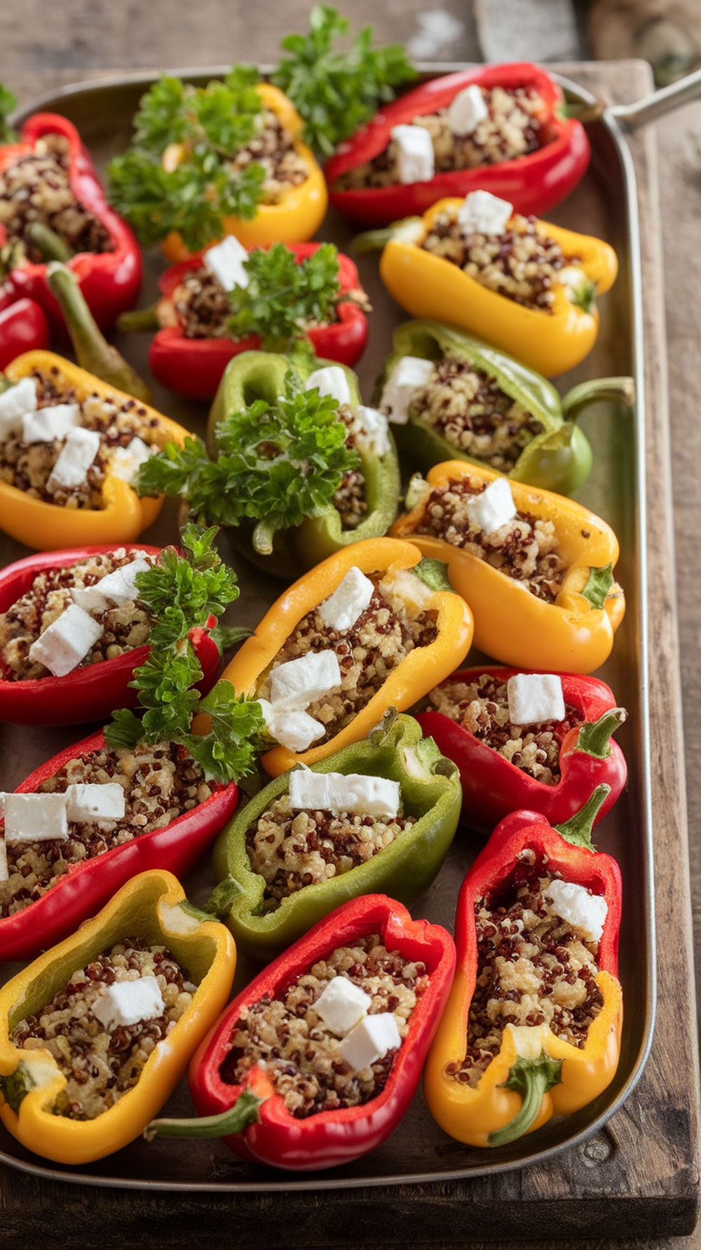 Stuffed mini peppers filled with quinoa and feta cheese, garnished with parsley.