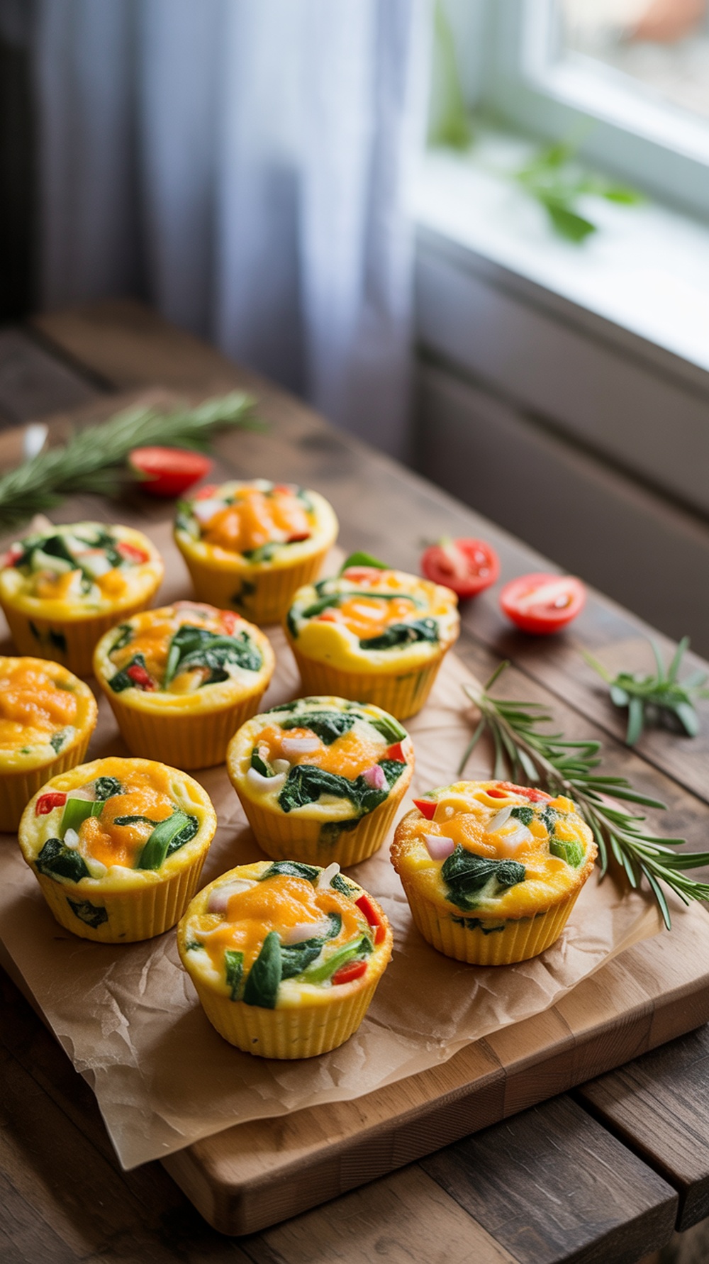 Colorful baked egg muffins with cheese and veggies on a wooden table.