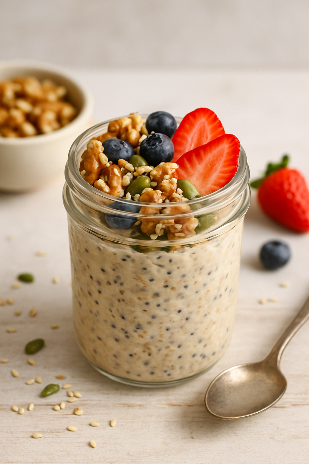 A jar of protein-packed overnight oats topped with berries and nuts.