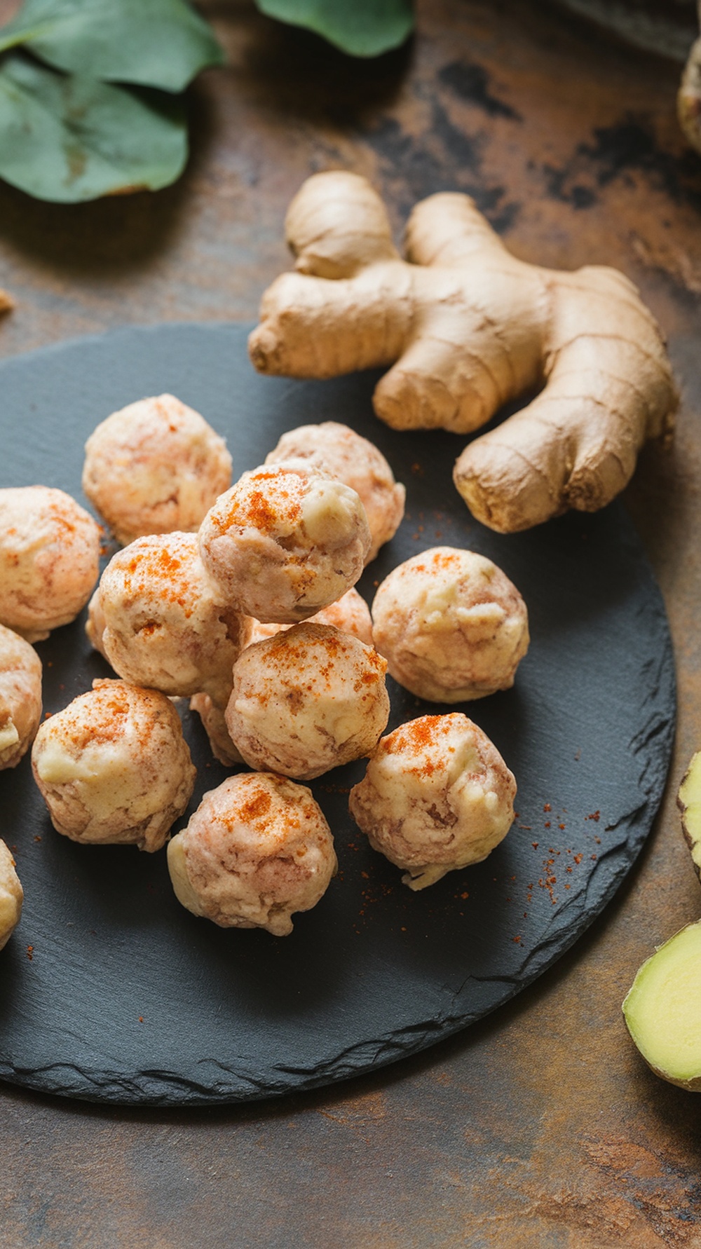 Spicy ginger protein bites on a slate plate with fresh ginger root.