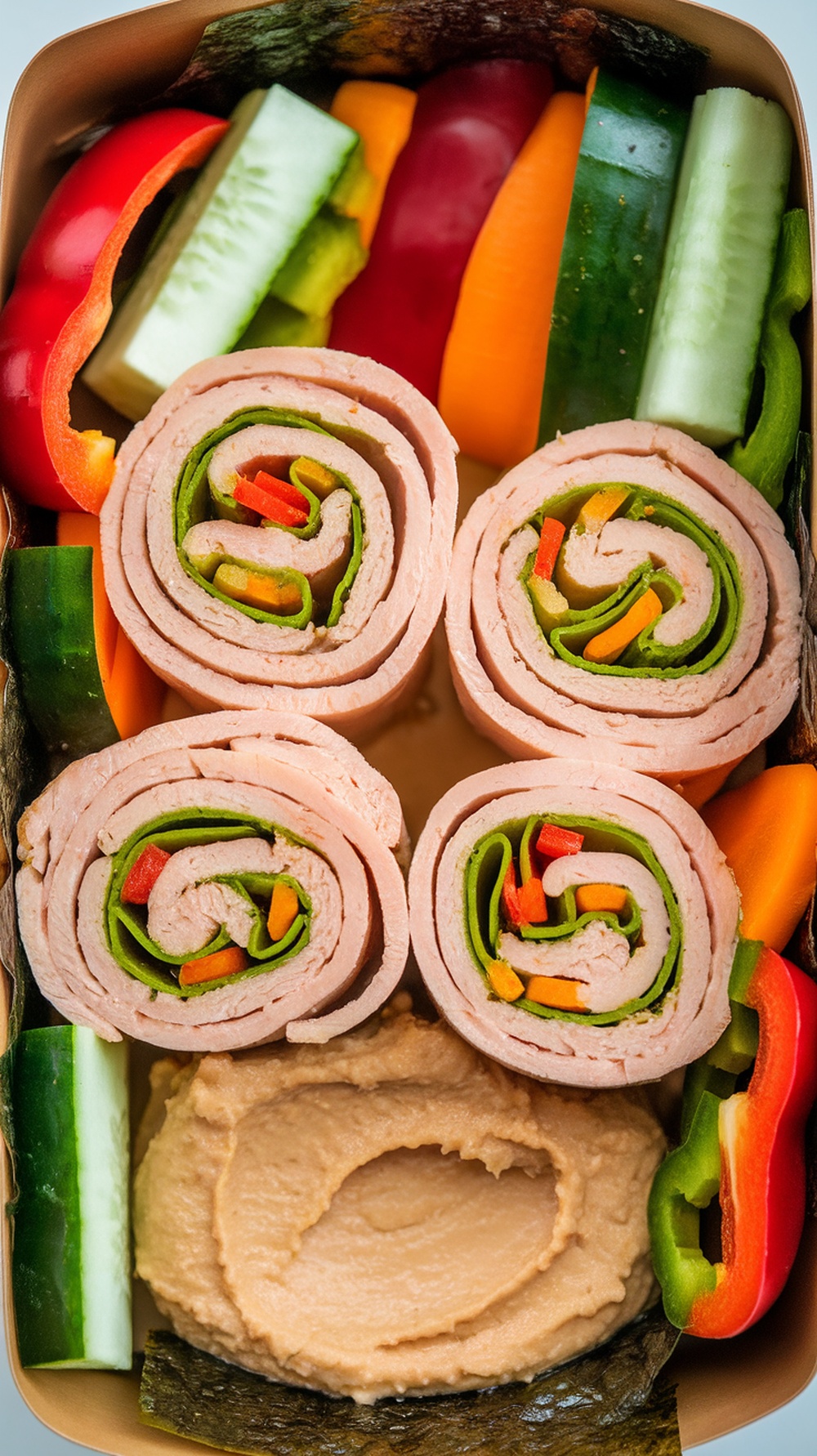 Turkey and hummus roll-ups with fresh vegetables in a lunchbox.
