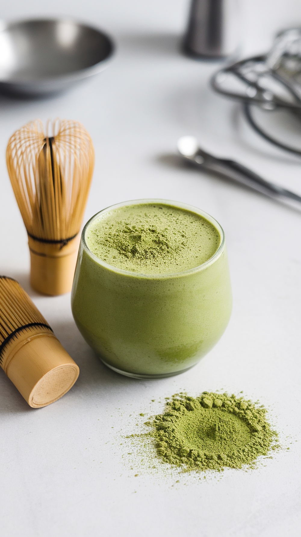 A glass of matcha green tea protein drink with matcha powder and bamboo whisk beside it.