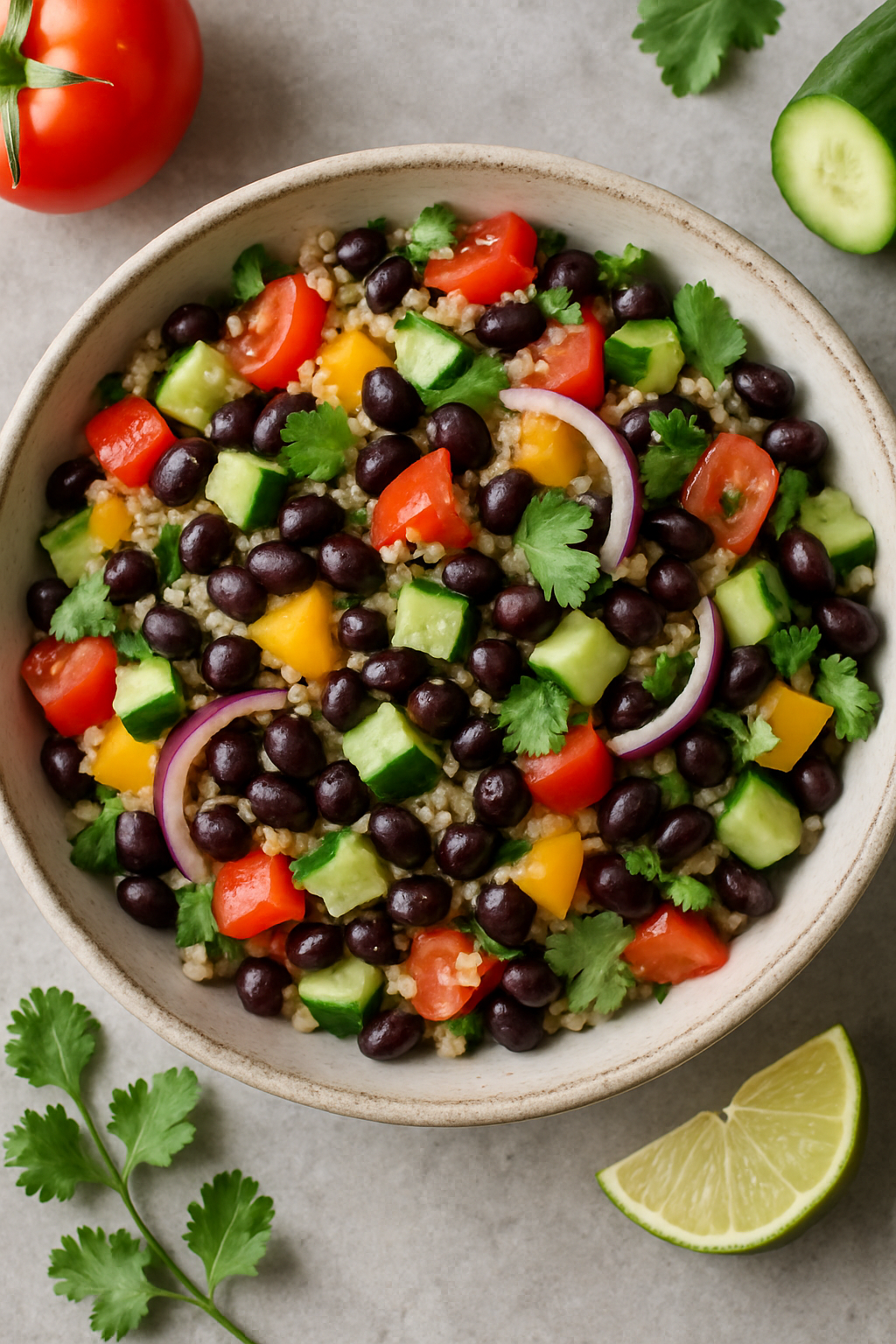 A colorful quinoa and black bean salad with fresh vegetables and lime.