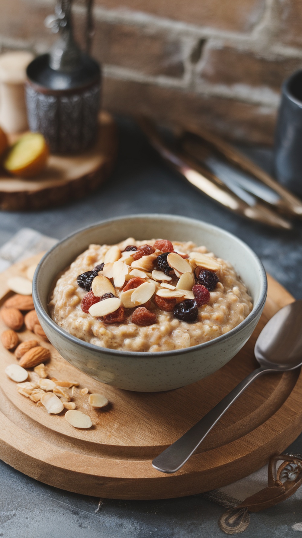 A bowl of oatmeal topped with sliced almonds and dried fruit, served on a wooden board.