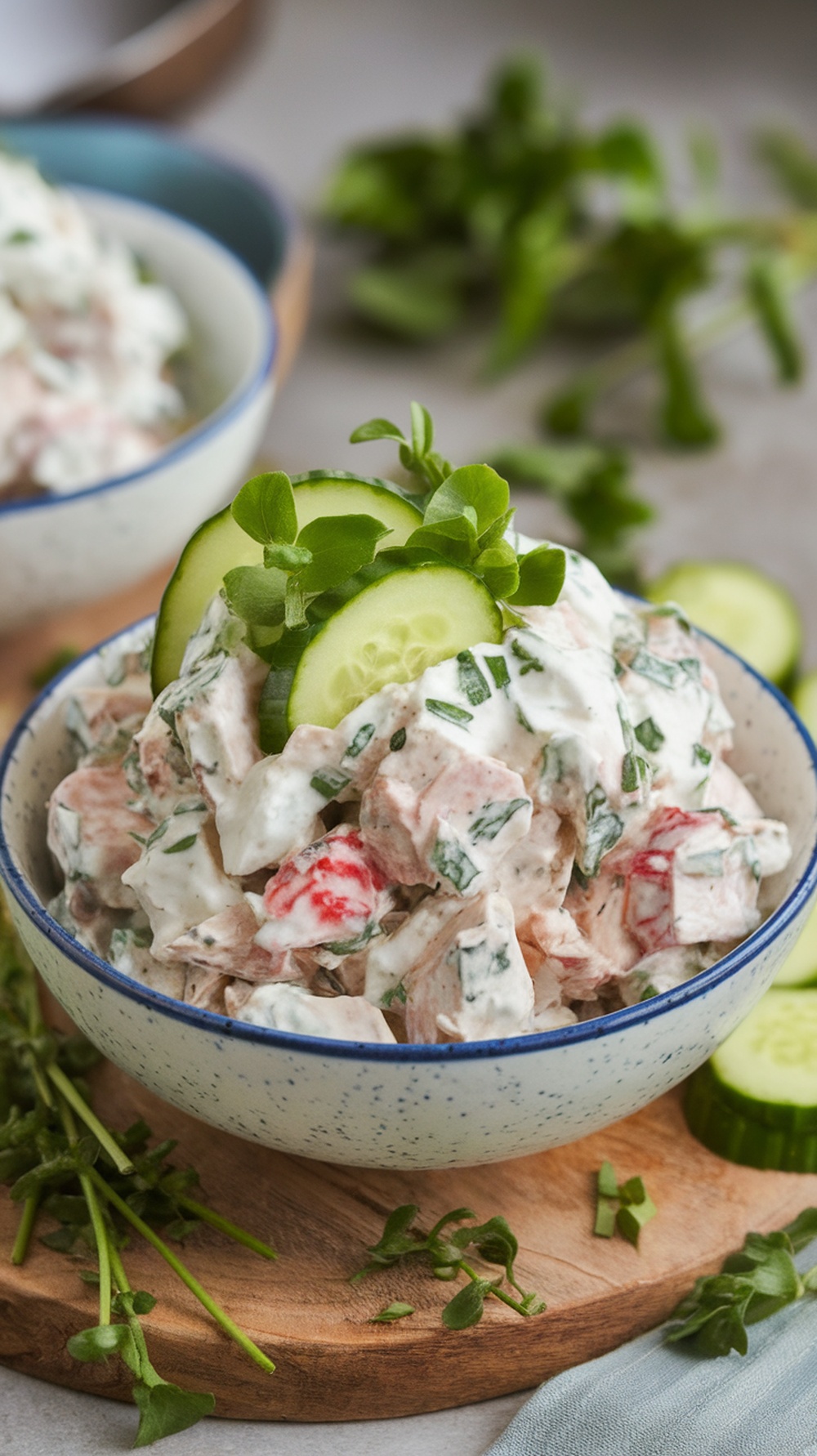 A bowl of Greek yogurt chicken salad topped with cucumber slices and fresh herbs.