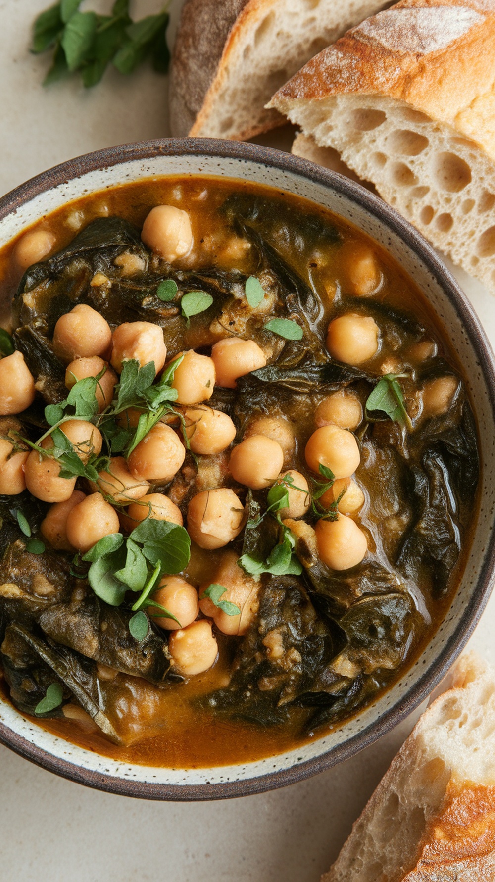 A bowl of chickpea and spinach stew with fresh herbs and slices of bread on the side.