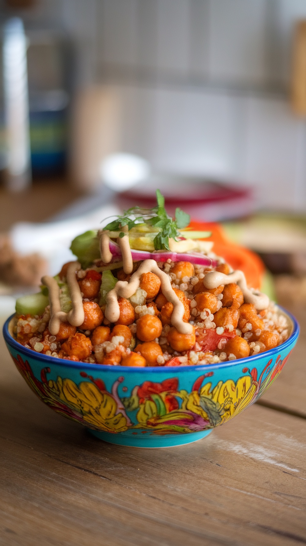 Colorful spicy chickpea and quinoa bowl topped with fresh vegetables and tahini sauce.