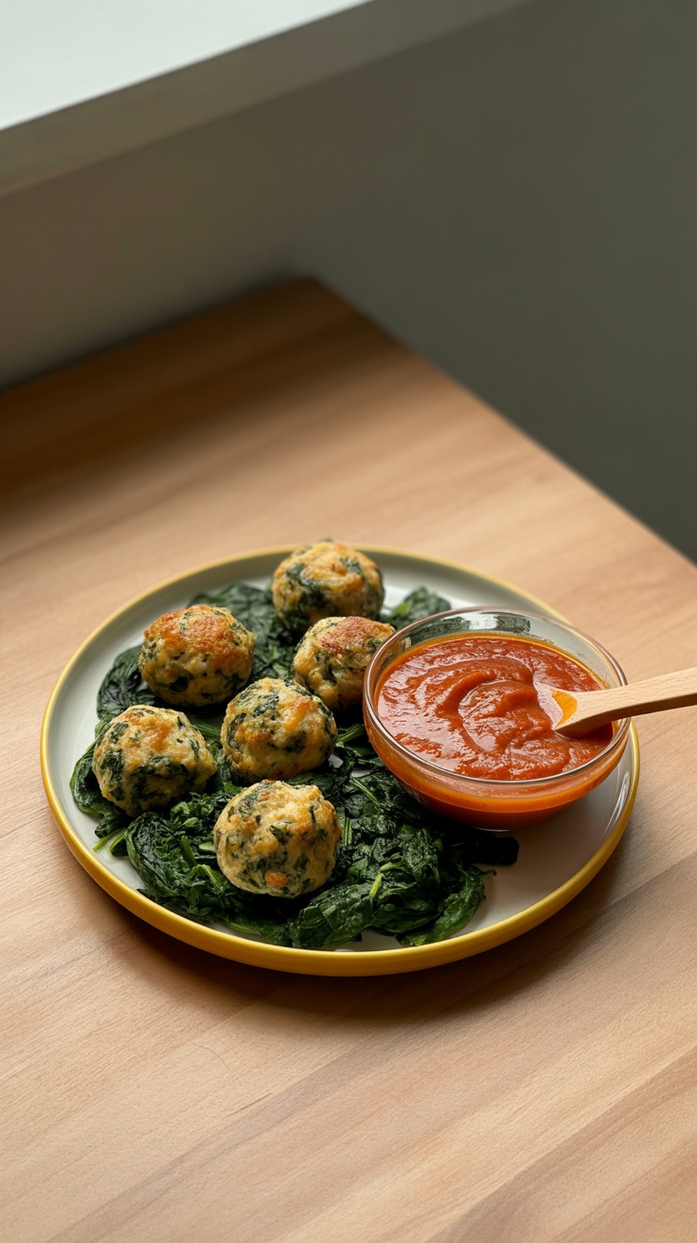 Plate of spinach and cheese meatballs with marinara sauce