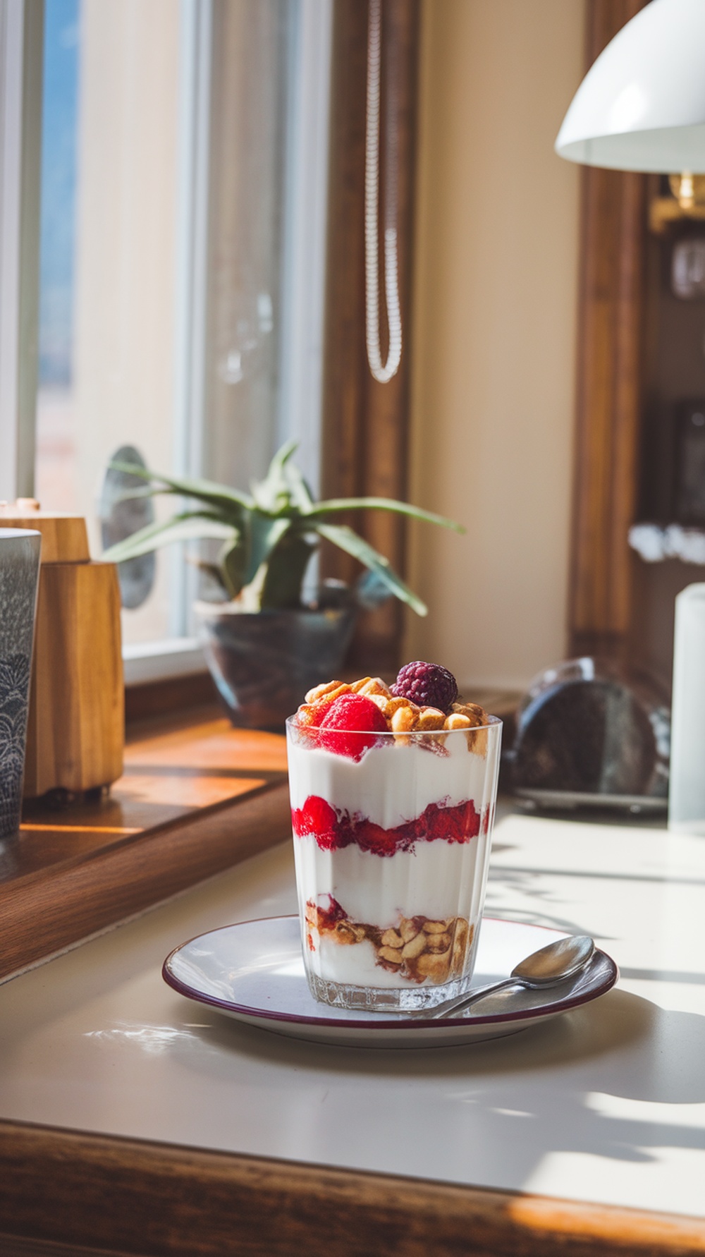A glass of Greek yogurt parfait layered with berries and nuts, sitting on a plate near a window.