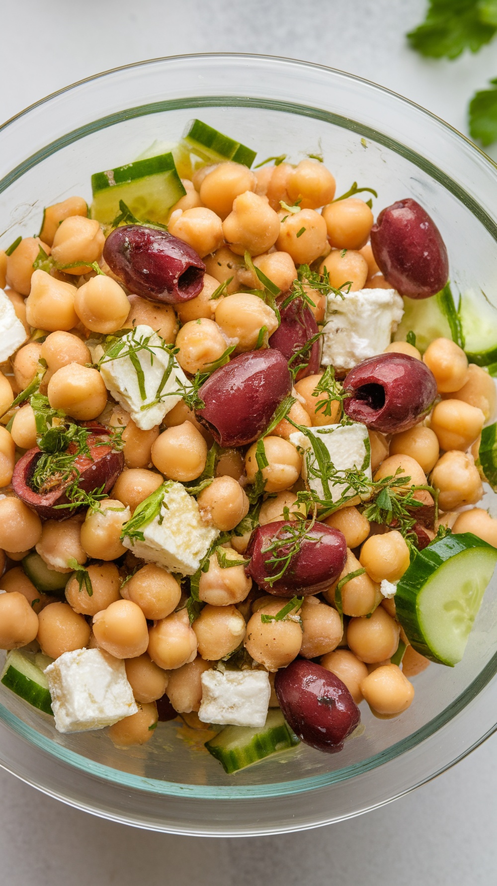 Chickpea and Feta Mediterranean Salad with cucumbers and olives