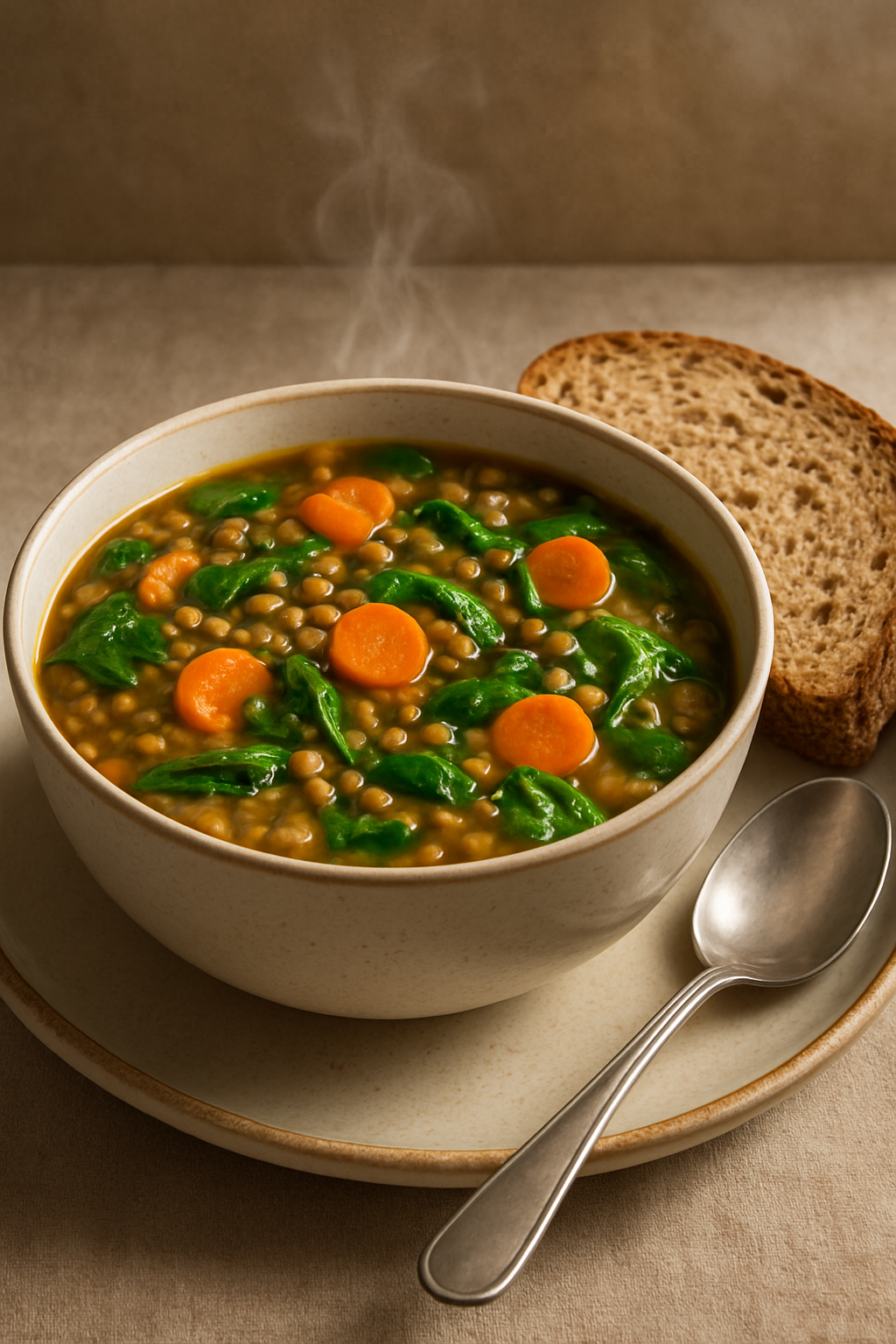 A bowl of lentil soup with spinach and carrots, accompanied by a slice of bread.
