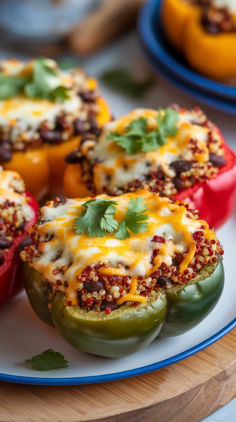 Stuffed bell peppers filled with quinoa, black beans, and topped with cheese