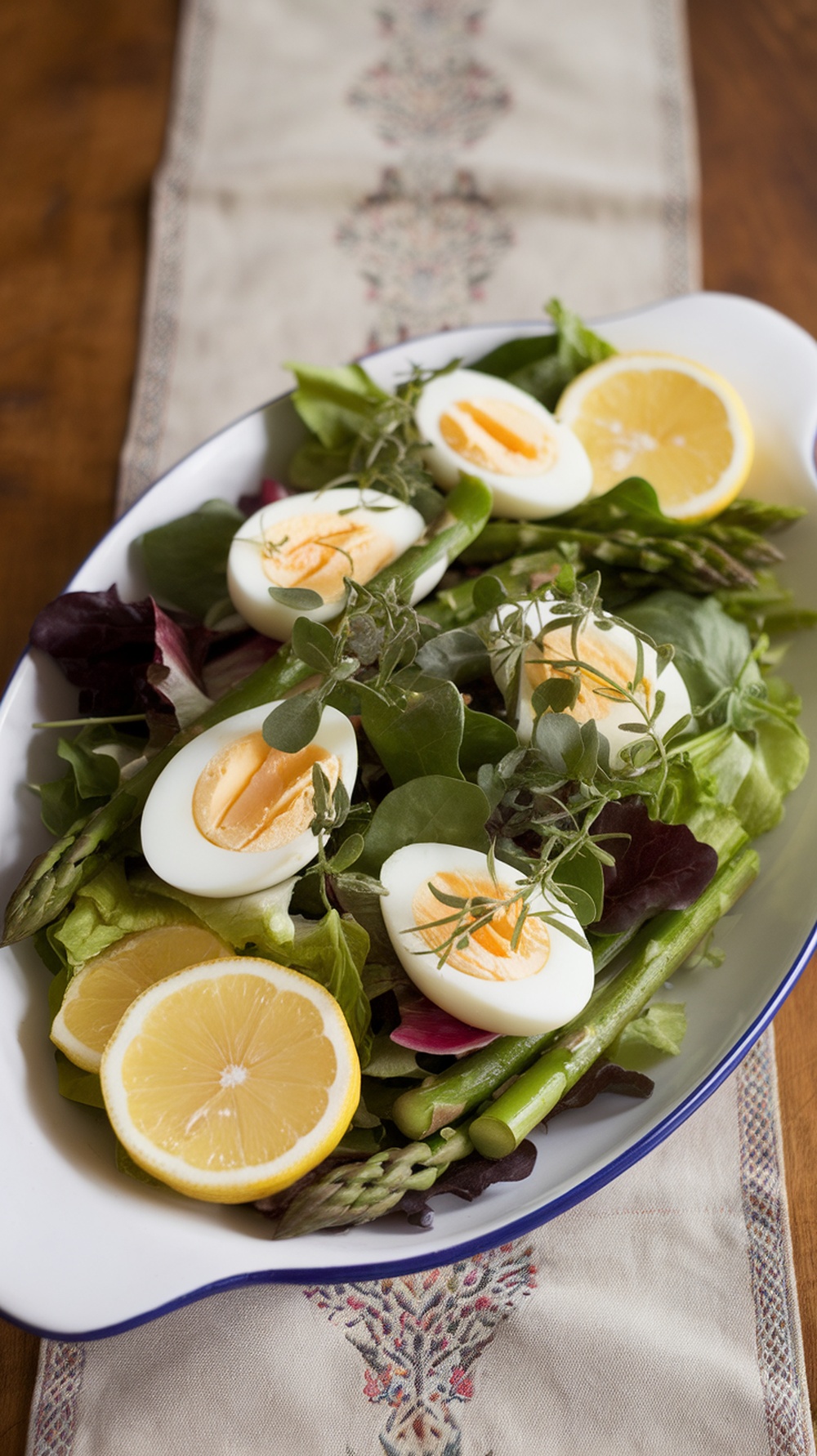A fresh salad with asparagus, boiled eggs, and lemon slices on a white platter.
