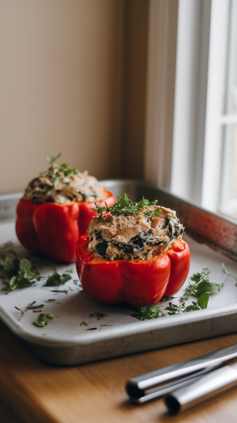 Two turkey and spinach stuffed red bell peppers on a baking tray, garnished with herbs.