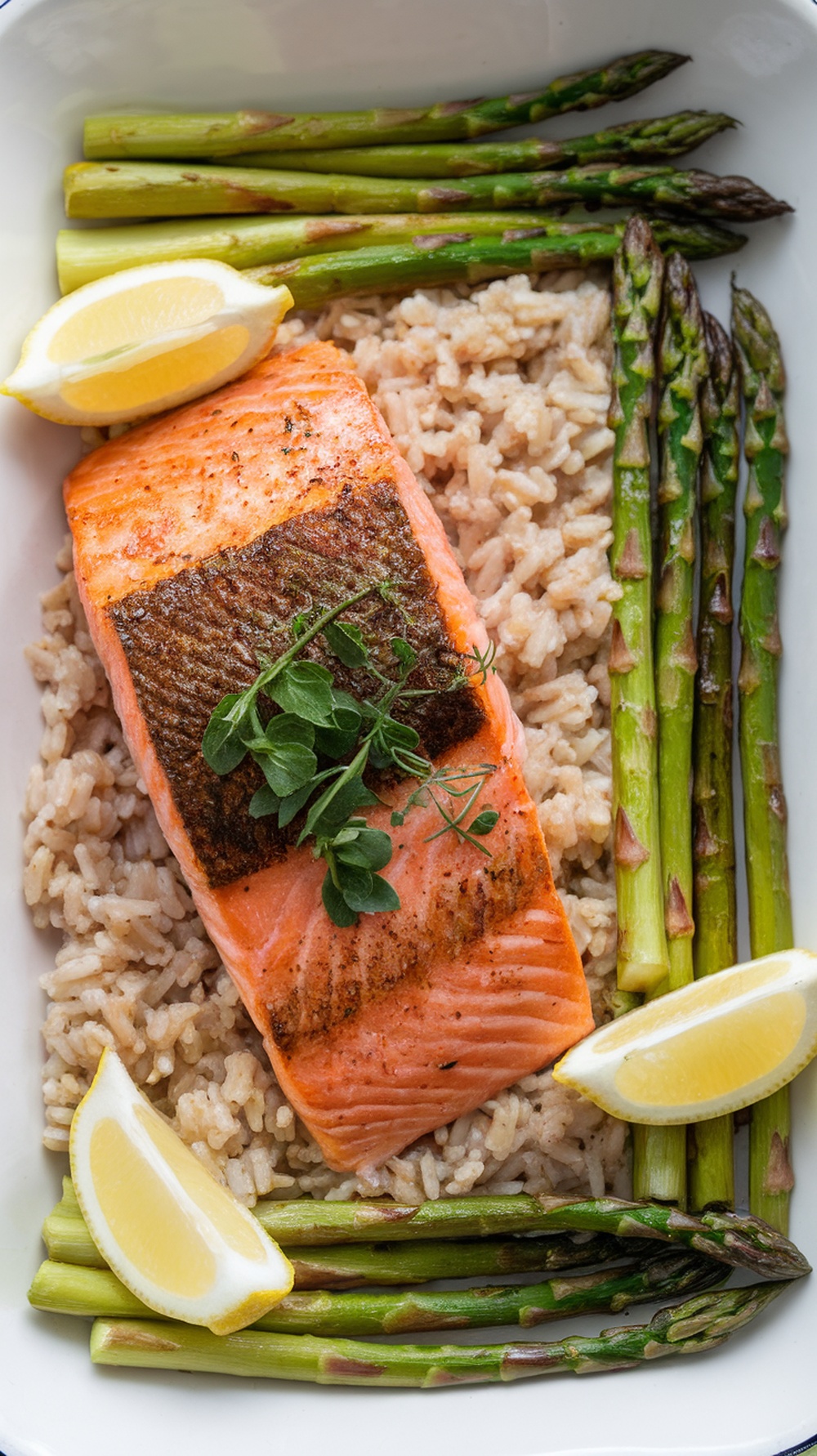 Baked salmon with brown rice and asparagus, garnished with lemon slices and fresh herbs.