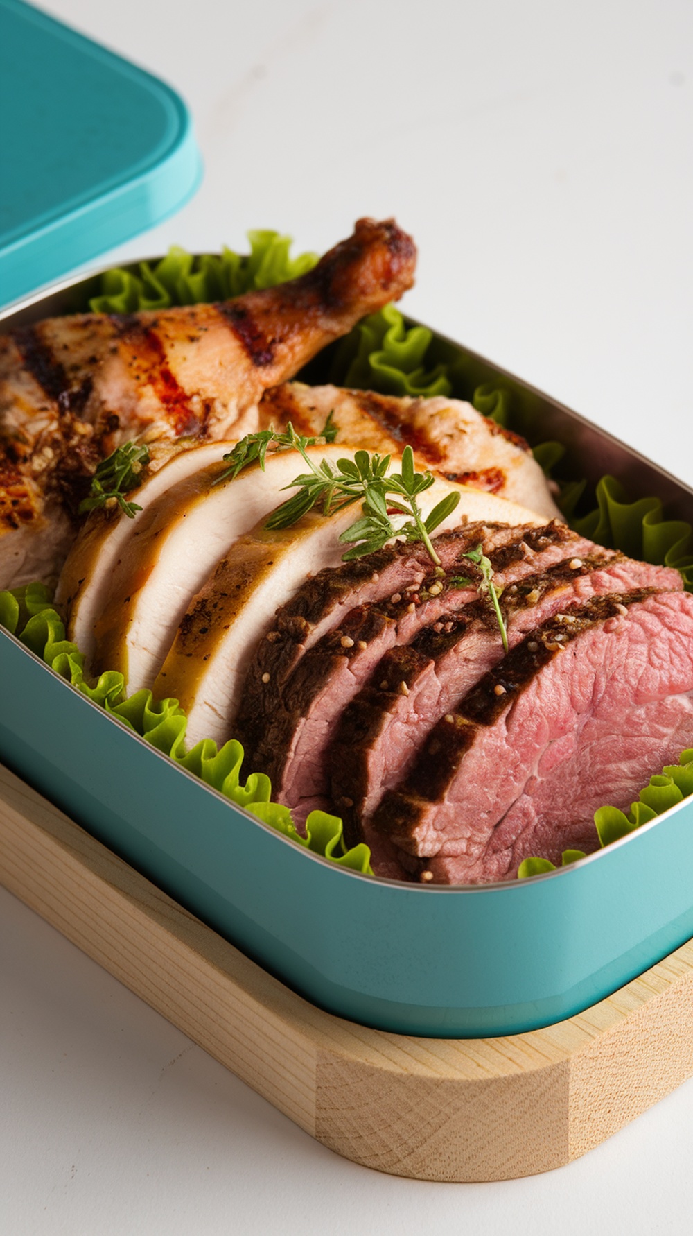 A bento box filled with grilled chicken, turkey slices, and lean flank steak, garnished with fresh herbs and leafy greens.