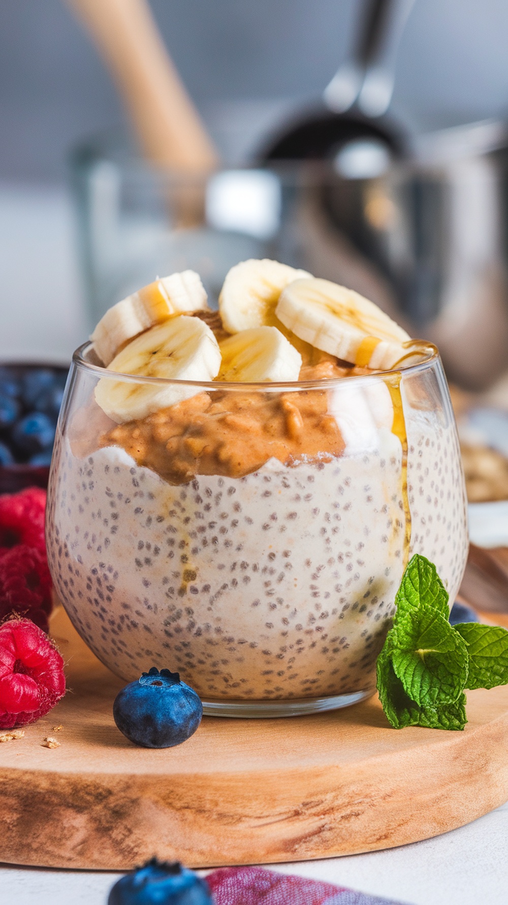 A glass of peanut butter banana overnight oats topped with banana slices and surrounded by fresh berries.