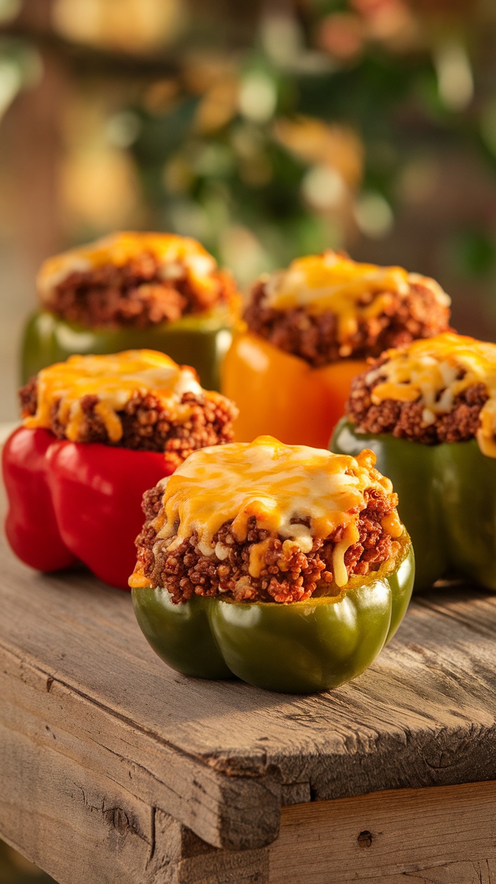 Colorful bell peppers stuffed with quinoa and ground beef, topped with melted cheese.