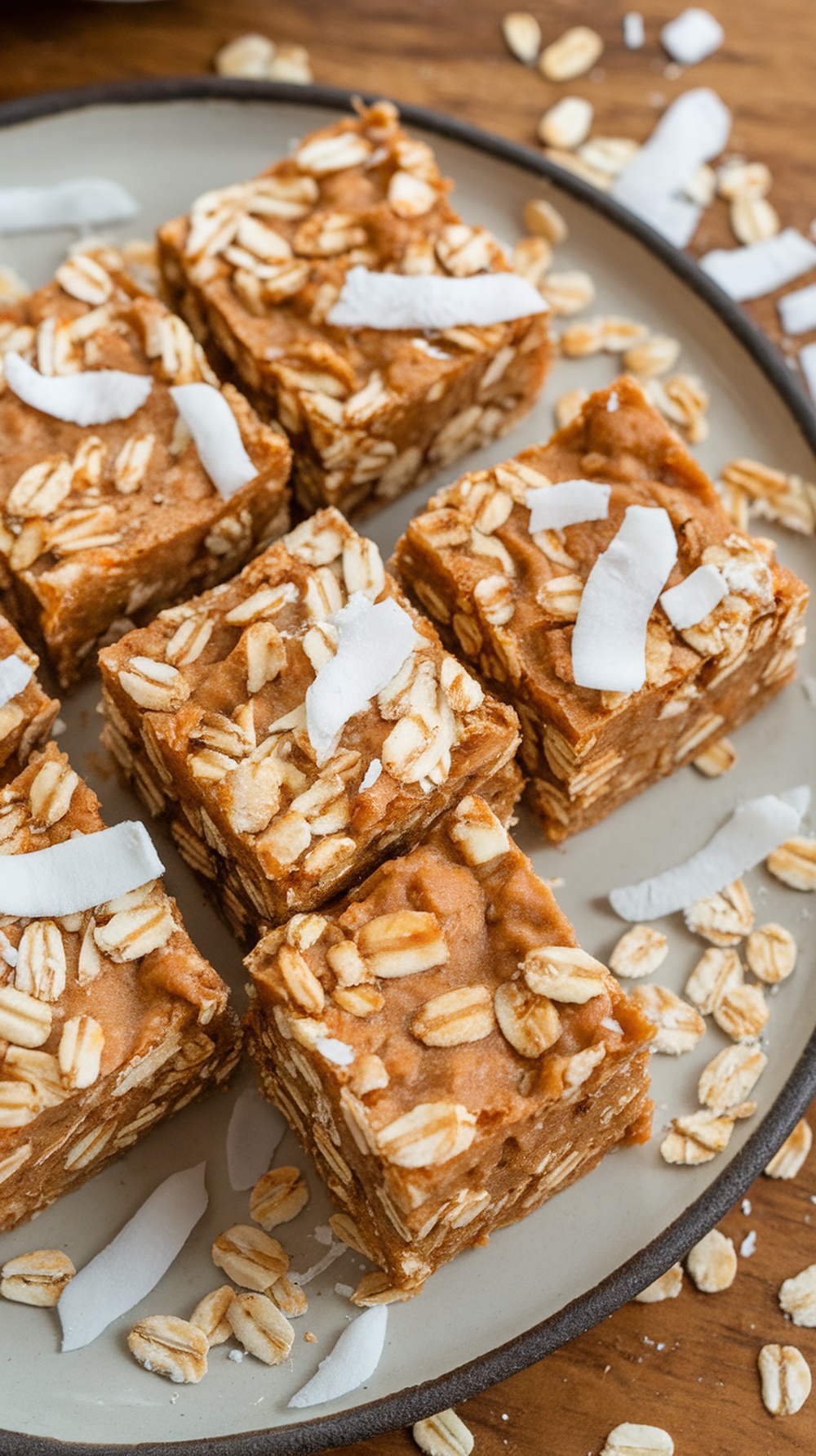 Coconut and oat energy squares on a plate, topped with coconut flakes and oats.