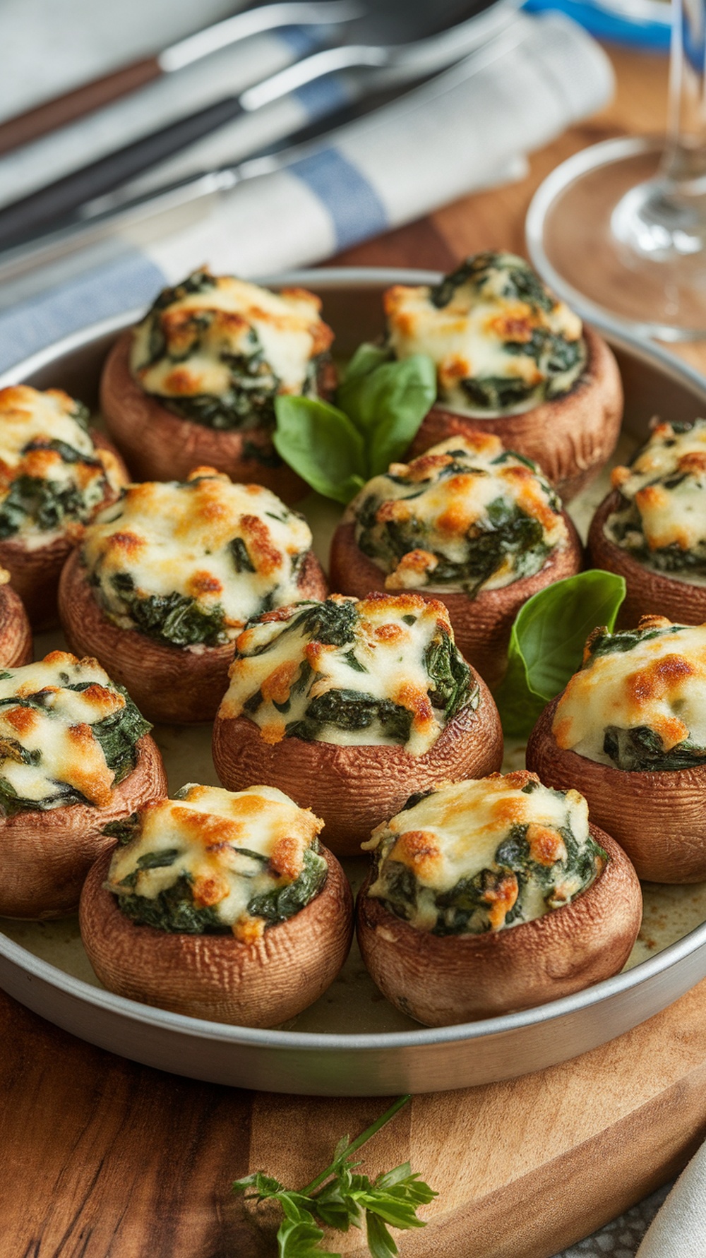 Savory spinach and cheese stuffed mushrooms on a plate