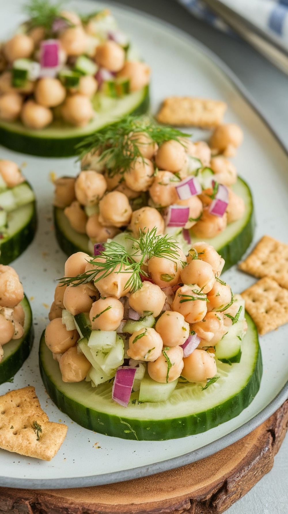Chickpea salad bites on cucumber slices served on a plate with crackers