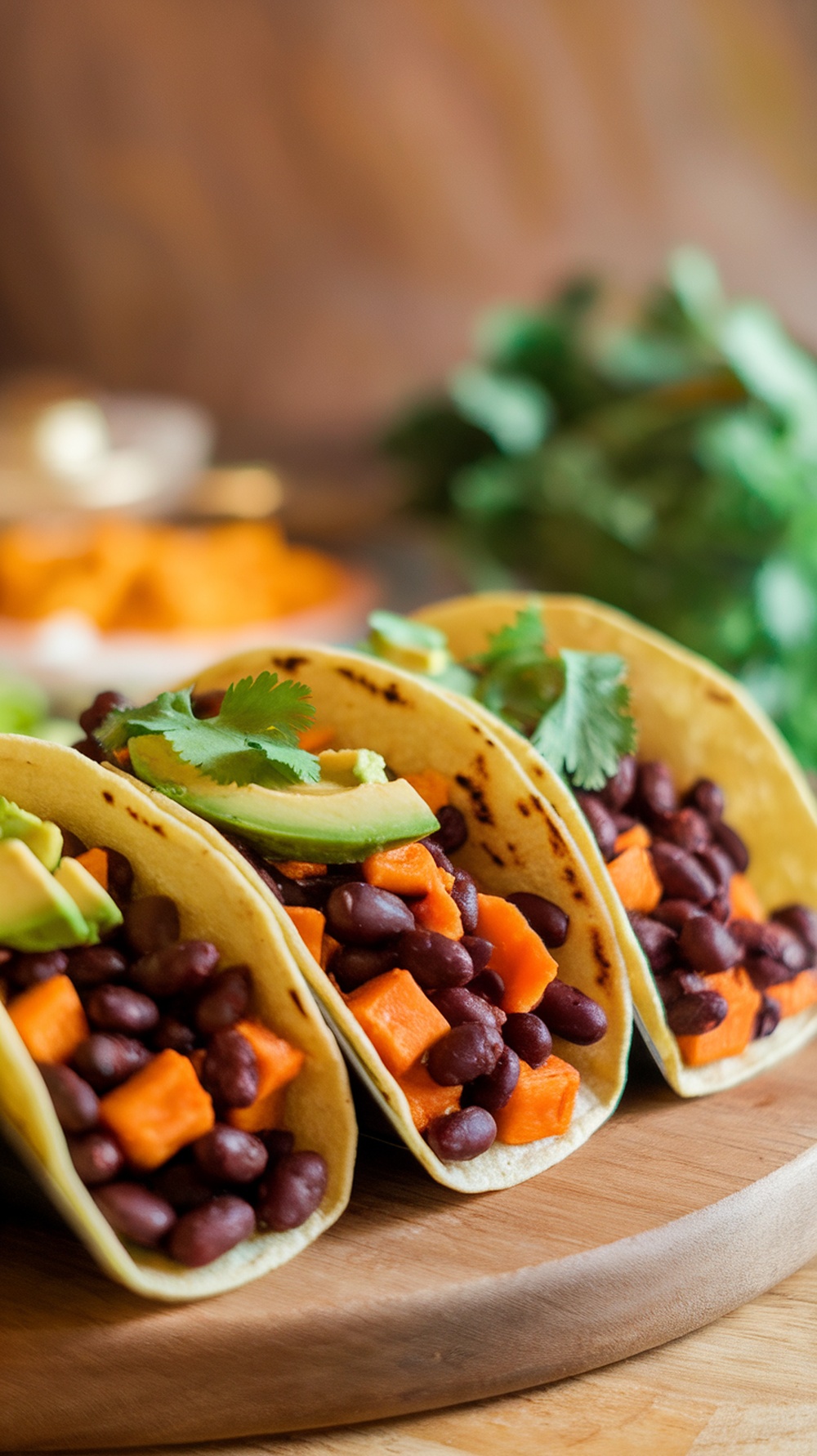 Delicious black bean and sweet potato tacos topped with avocado and cilantro