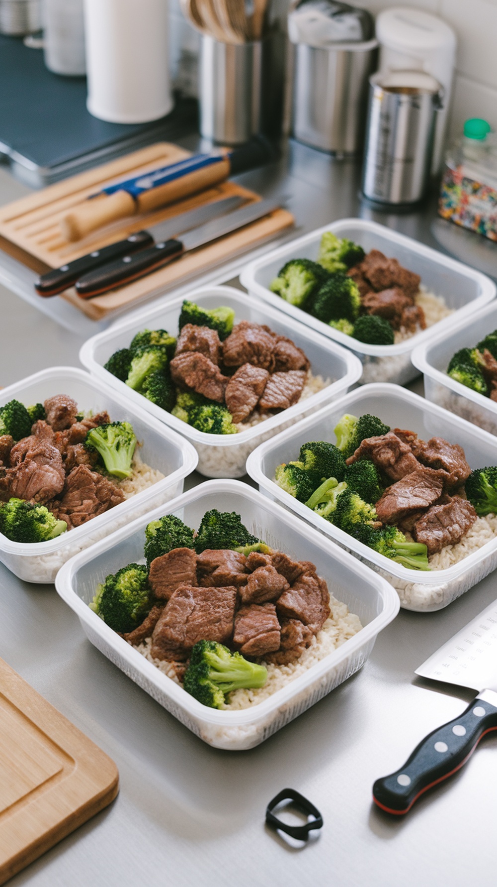 Meal prep containers filled with beef and broccoli over rice.