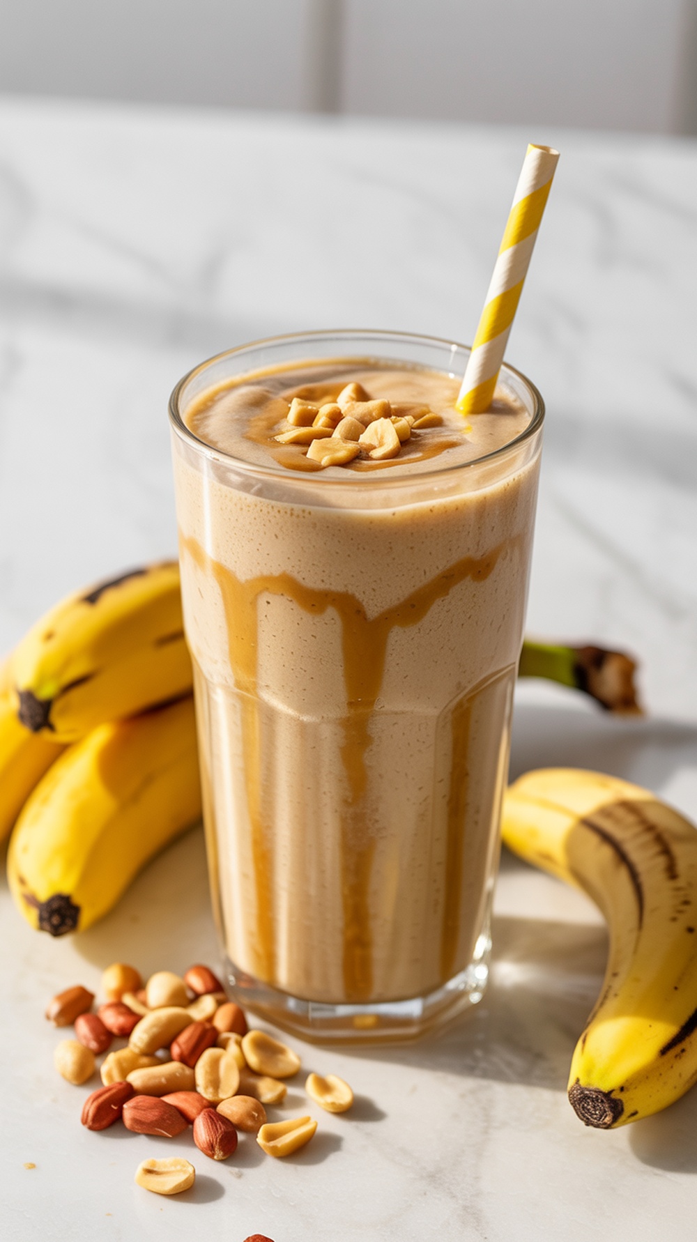 A creamy peanut butter banana smoothie in a glass with a straw, surrounded by bananas and peanuts.