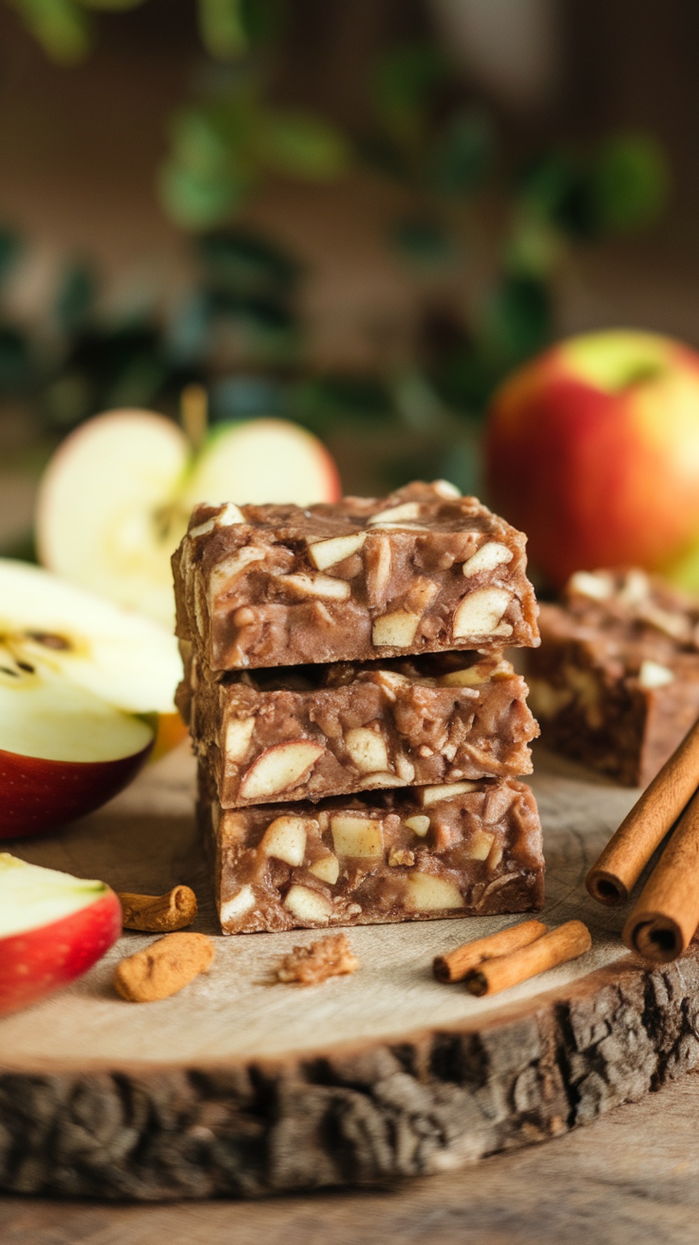 Delicious apple cinnamon protein bars stacked with fresh apples and cinnamon sticks around them.
