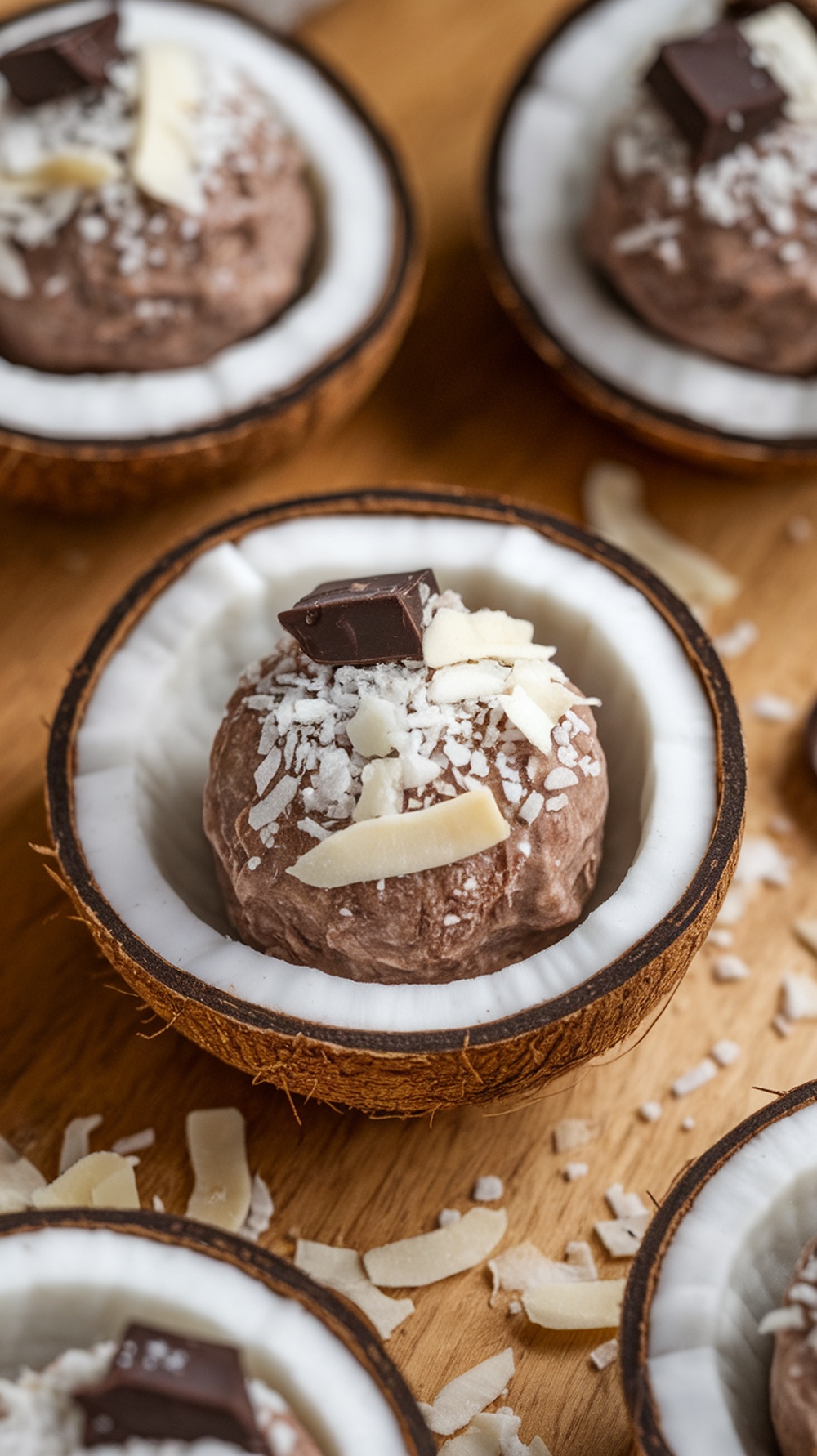 Cocoa Coconut Energy Bites in coconut shells
