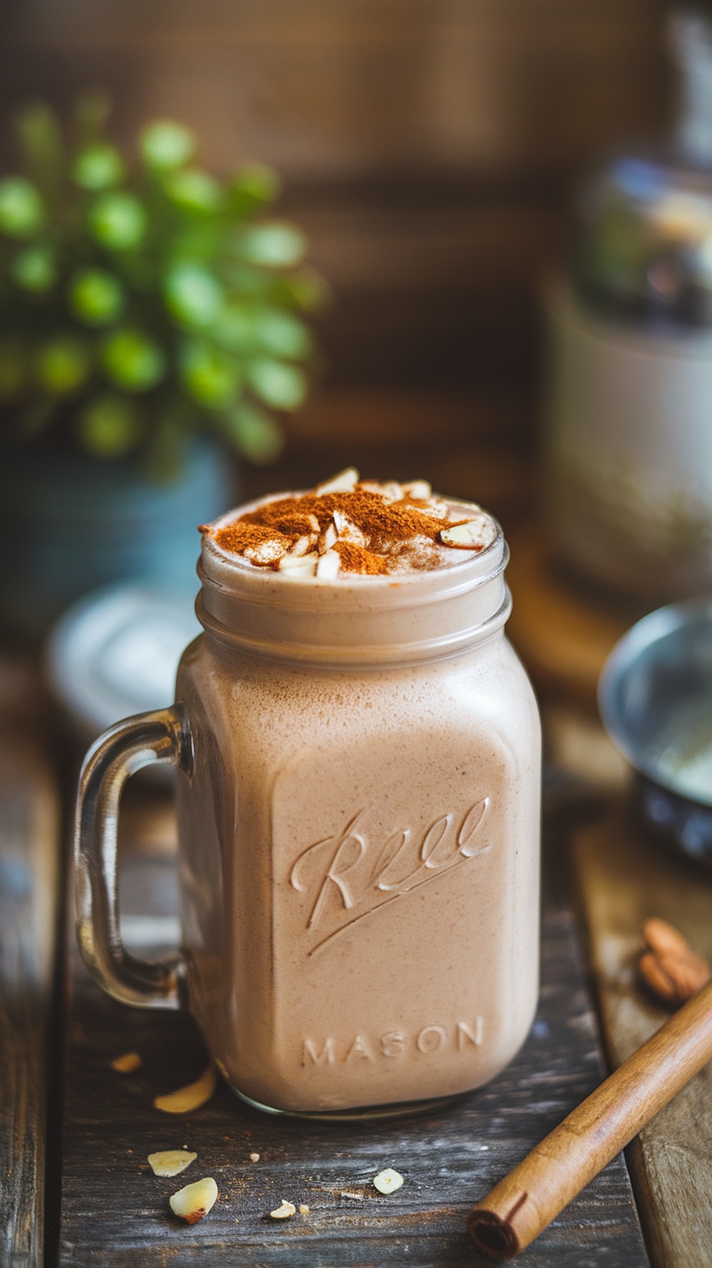 A delicious Nutty Almond Protein Shake in a mason jar topped with almond slices and cinnamon.