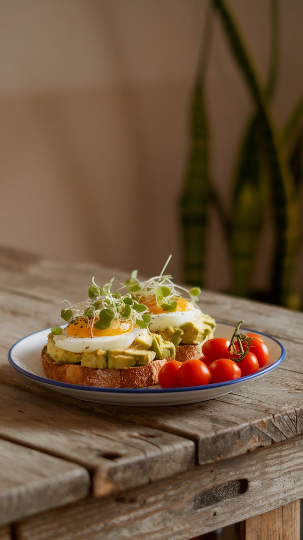 A plate of egg and avocado toast with cherry tomatoes on a wooden table.