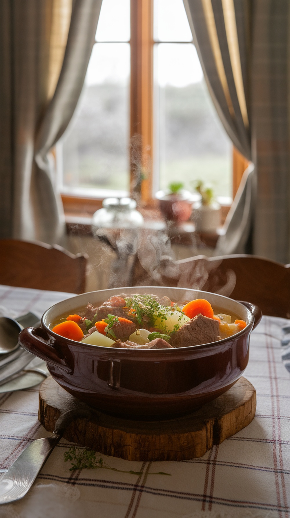 A steaming bowl of beef and vegetable soup on a wooden table