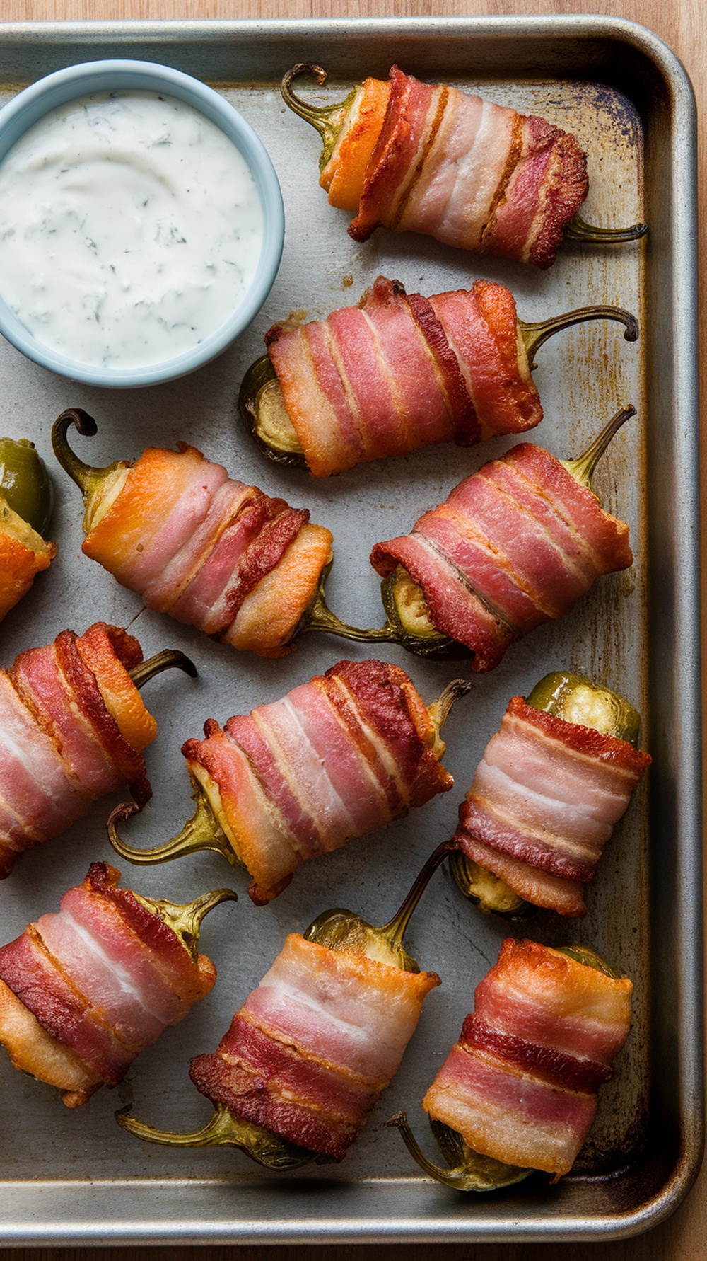 A tray of bacon-wrapped jalapeño poppers with a side of dipping sauce.