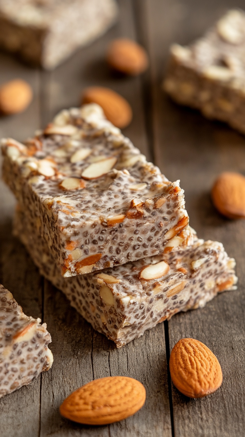 Nutty almond and chia seed bars stacked on a wooden surface with whole almonds scattered around.