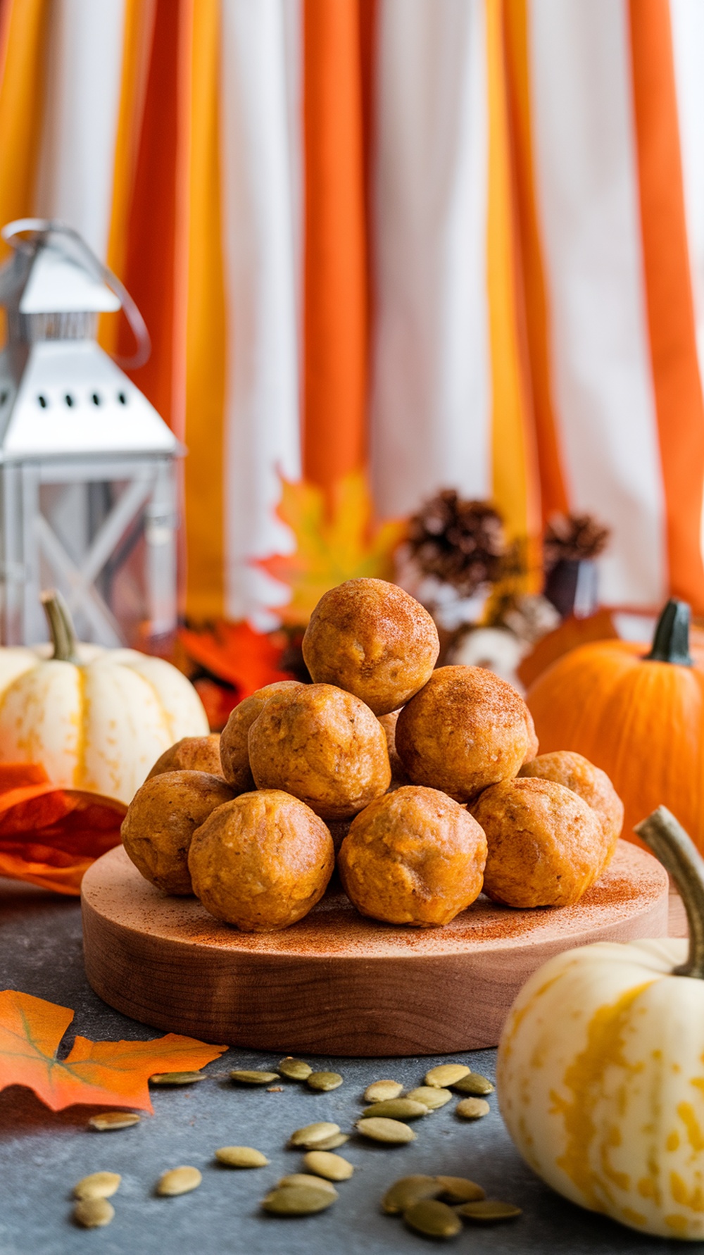 A stack of pumpkin spice protein balls on a wooden plate, surrounded by autumn decorations.