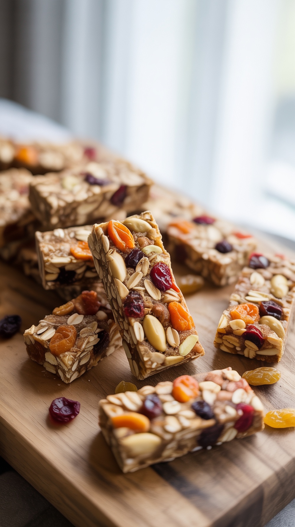 Nutty granola bars with dried fruits stacked on a wooden board