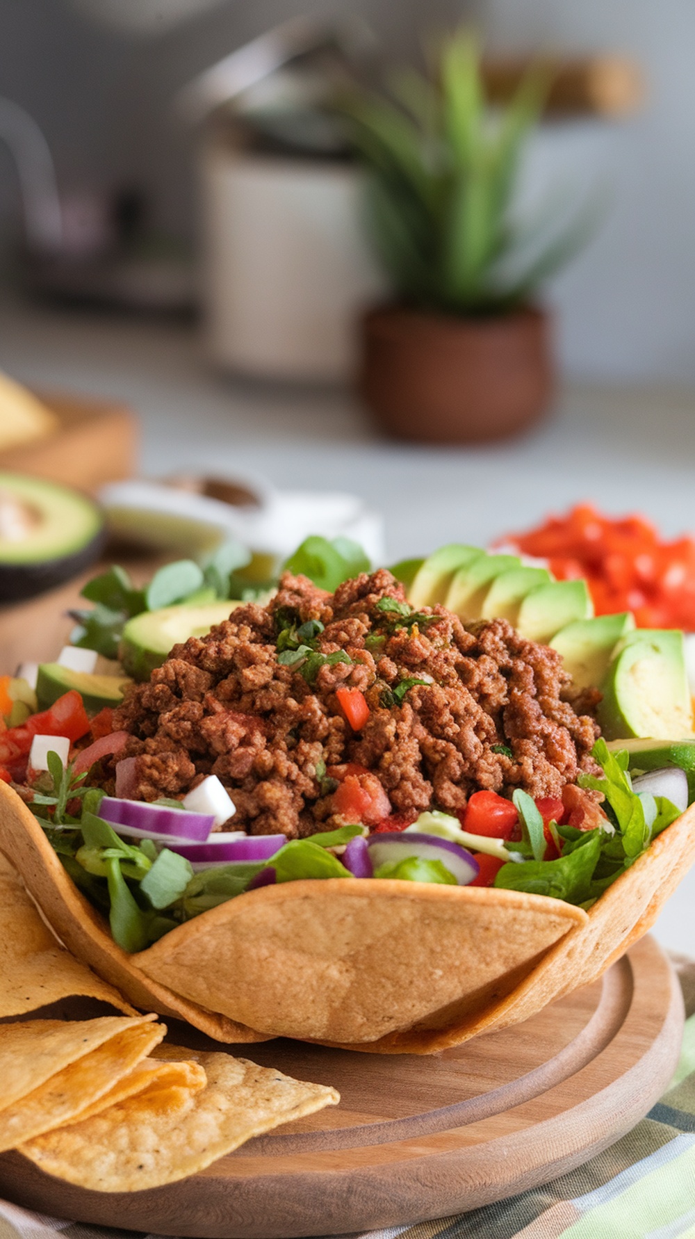 A delicious beef taco salad bowl filled with seasoned ground beef, fresh vegetables, and served in a crispy tortilla bowl.
