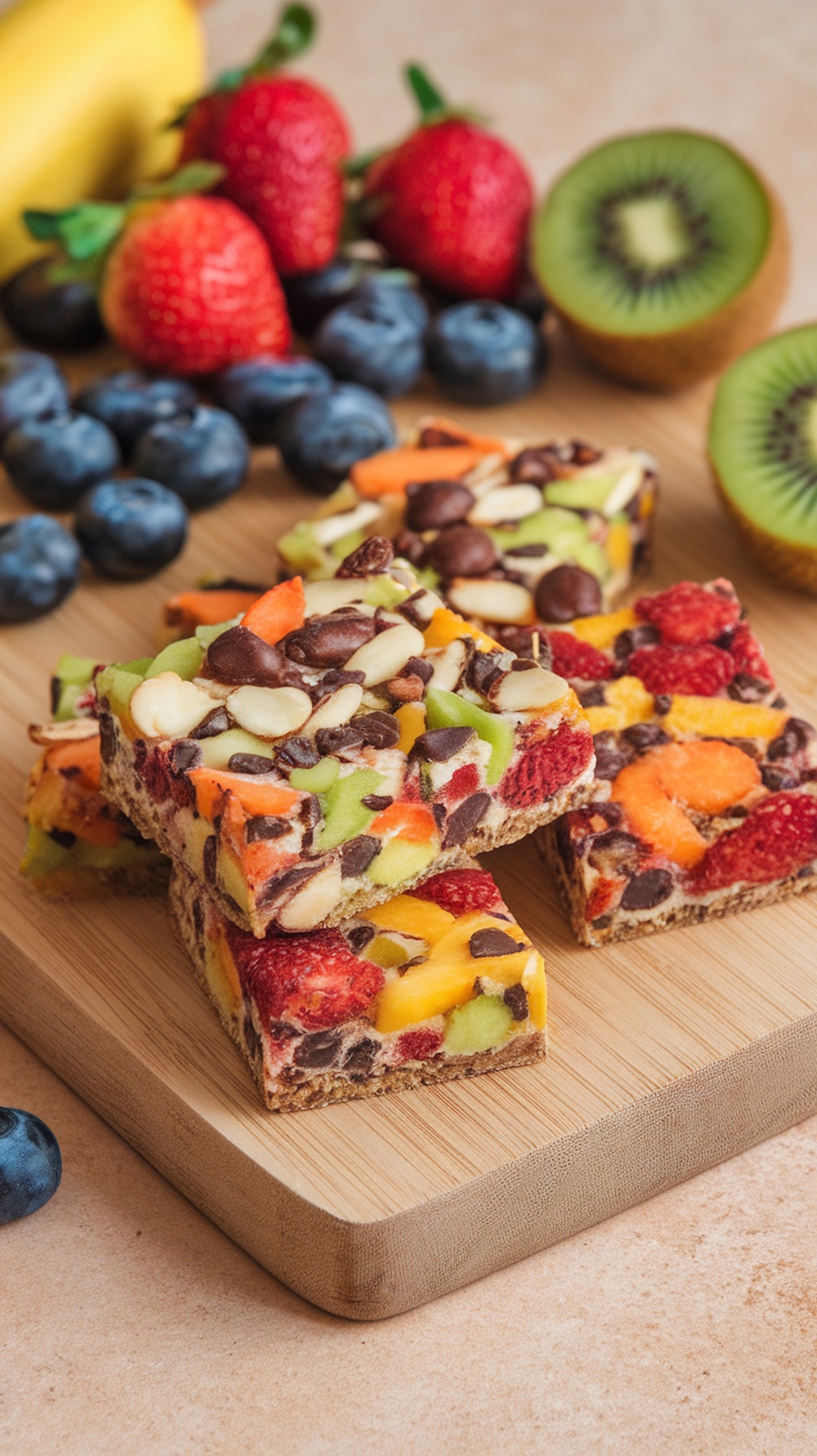 Colorful fruit and nut snack bars on a wooden board surrounded by fresh fruits.