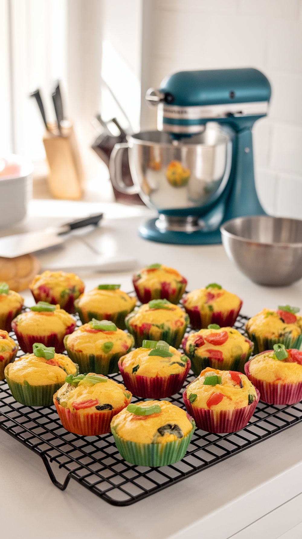 Colorful egg muffins with veggies and cheese on a cooling rack
