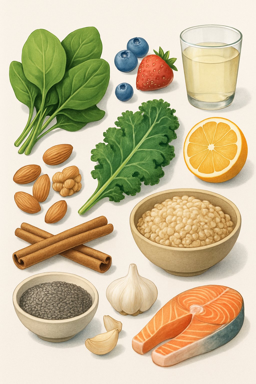 An arrangement of ten different healthy foods including leafy greens, berries, whole grains, nuts, citrus fruit, cinnamon sticks, chia seeds, salmon, garlic, and a glass of water on a neutral background.