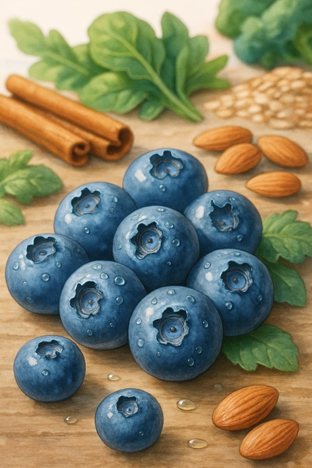 Close-up of fresh blueberries on a wooden surface with blurred healthy foods like cinnamon sticks, leafy greens, almonds, and grains in the background.