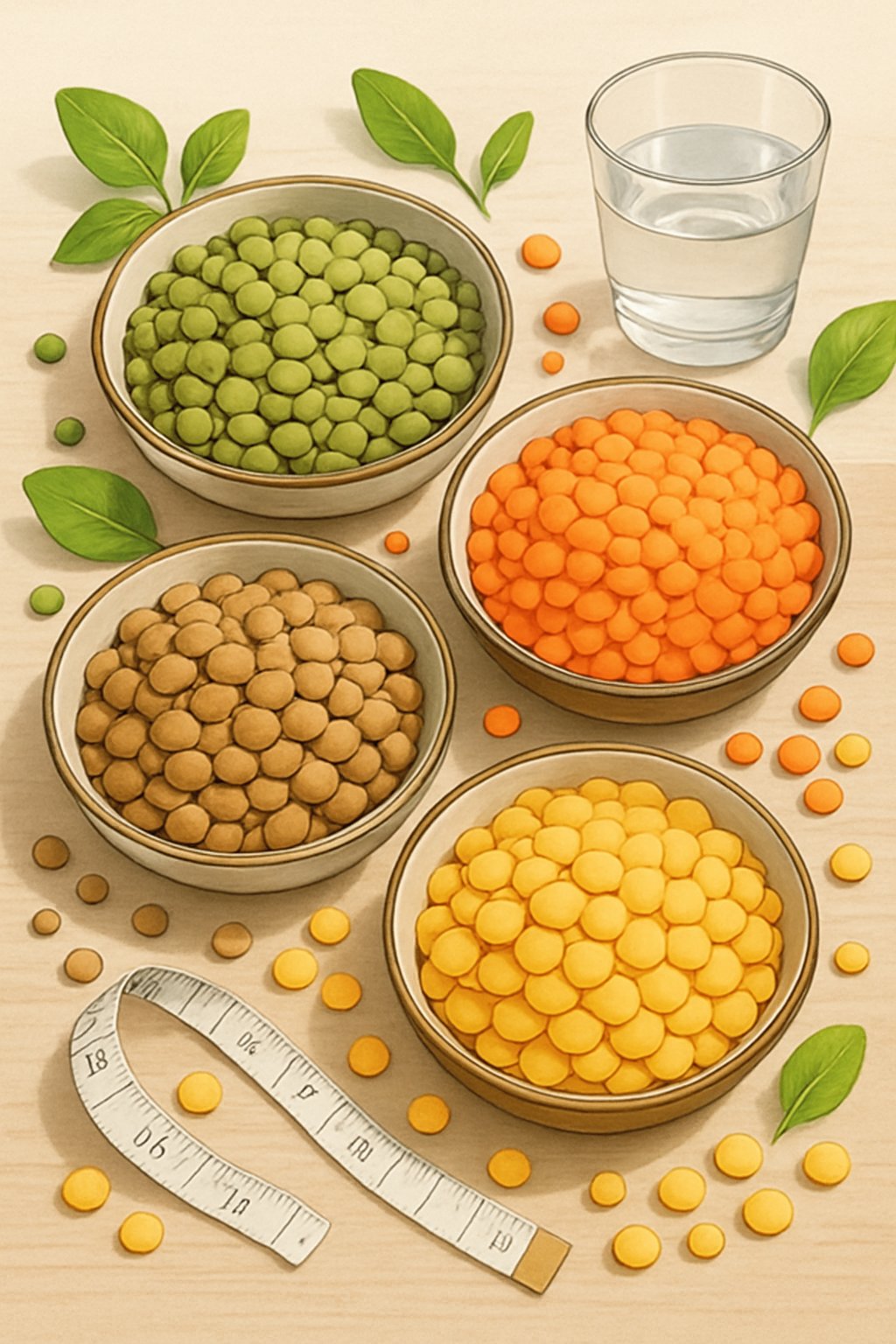 Close-up view of colorful lentils in bowls and scattered on a wooden surface with green leaves and a glass of water nearby.