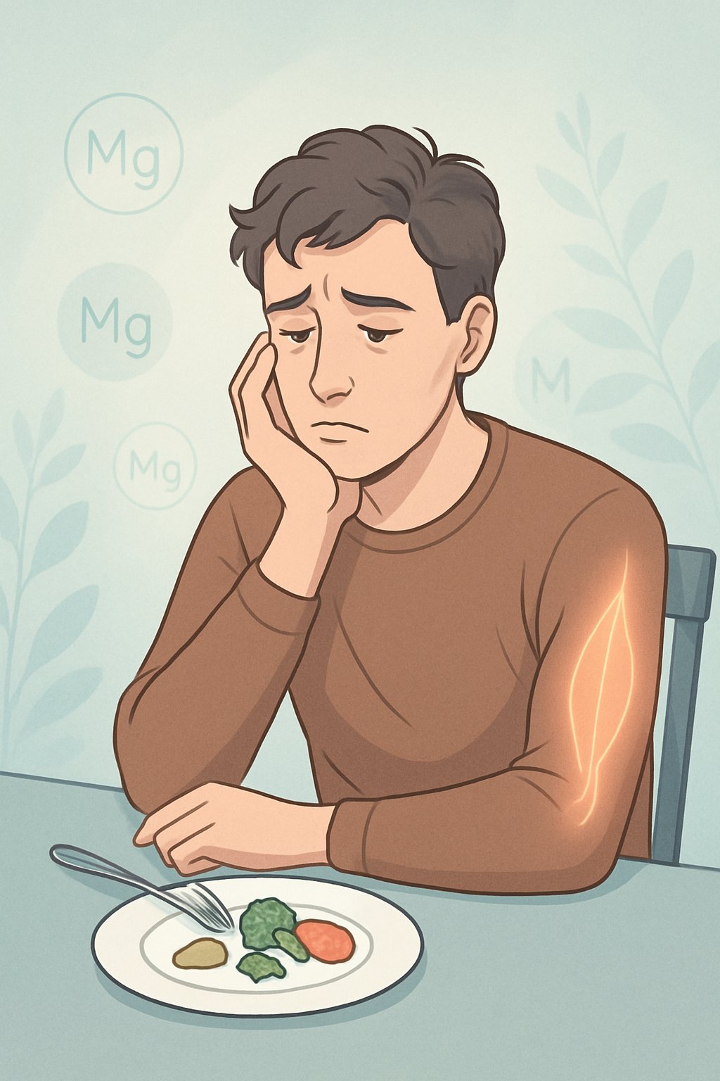 A person sitting at a dining table with a small plate of food, appearing tired and uninterested in eating.