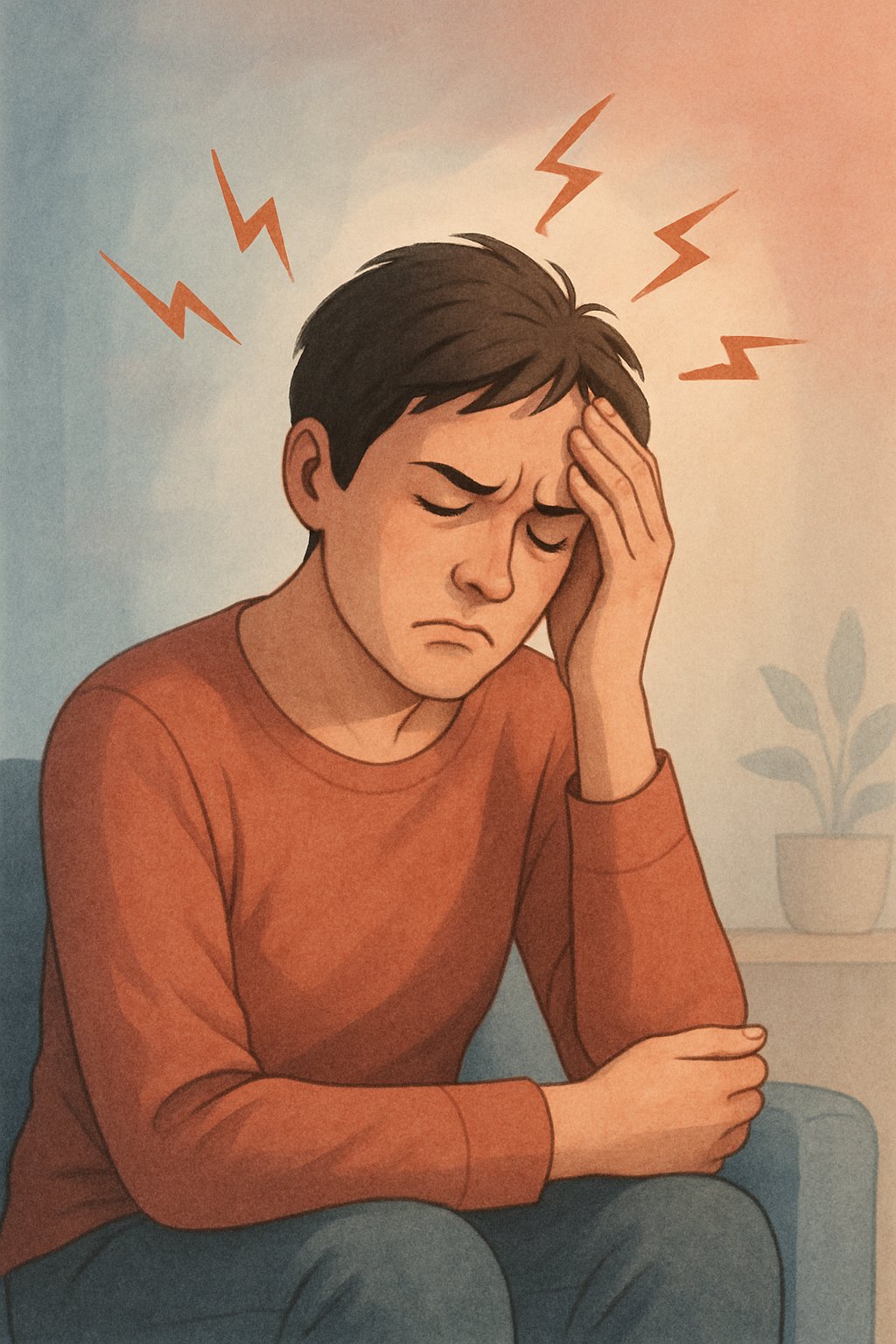 A person sitting with a distressed expression, holding their head, surrounded by subtle symbols representing mood changes and irritability.