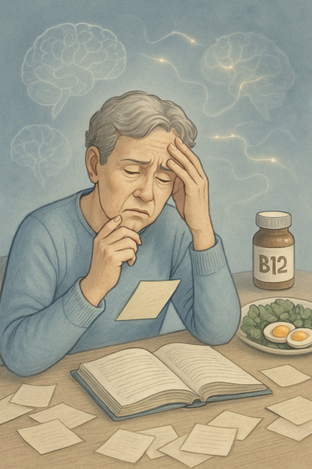 A middle-aged person at a desk looking confused with scattered notes and an open book, surrounded by faint brain outlines and a bottle of vitamin B12 supplements in the background.