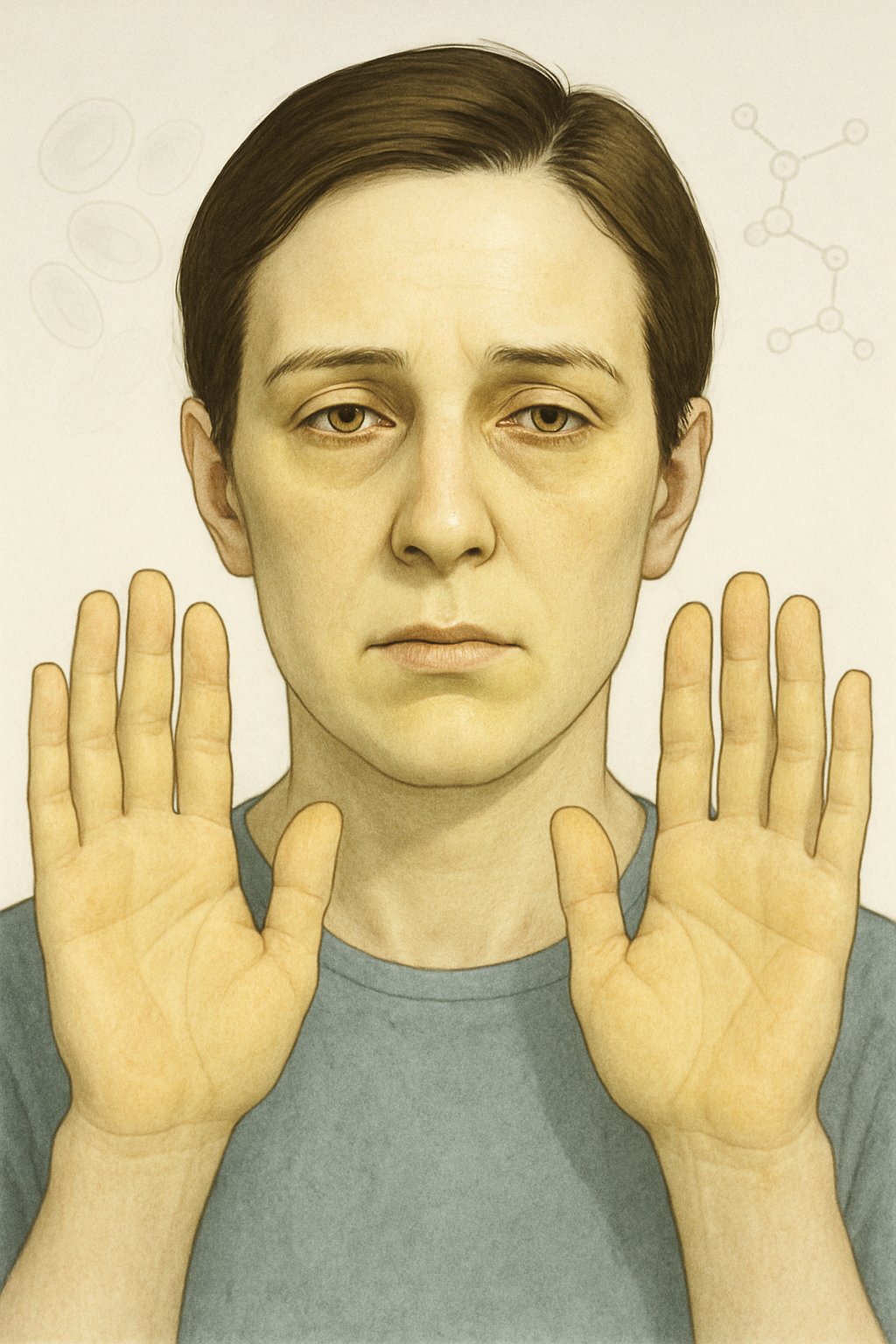 Close-up of a person's face and hands showing pale, slightly yellow skin indicating vitamin B12 deficiency.