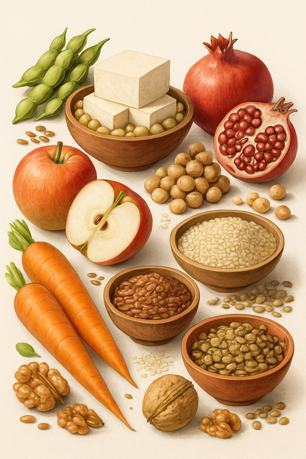 An arrangement of ten estrogen-rich foods including soybeans, tofu, flaxseeds, chickpeas, lentils, sesame seeds, apples, pomegranates, carrots, and walnuts on a neutral background.