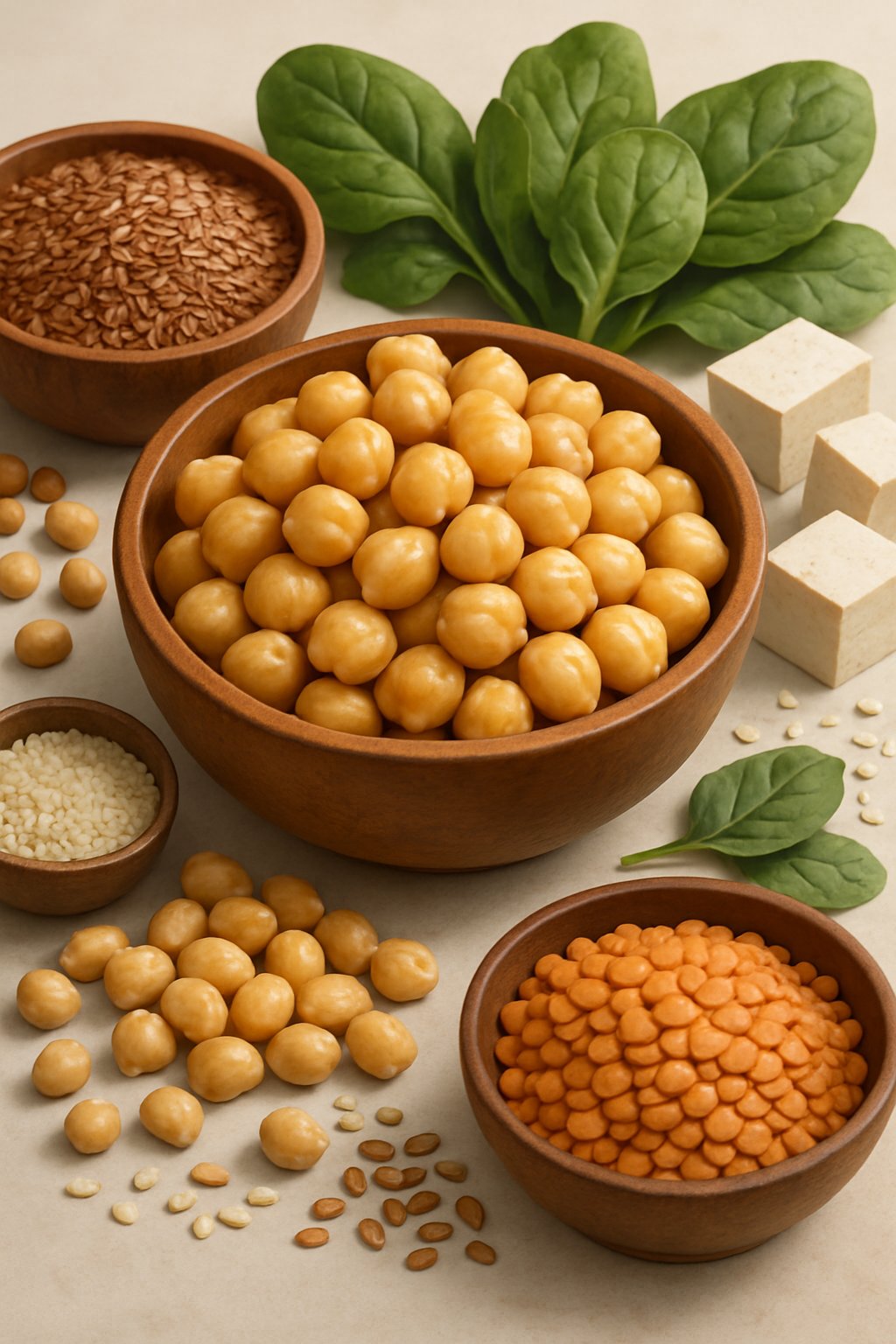 A bowl of chickpeas surrounded by various estrogen-rich foods like flaxseeds, soybeans, tofu, sesame seeds, lentils, and leafy greens on a neutral background.