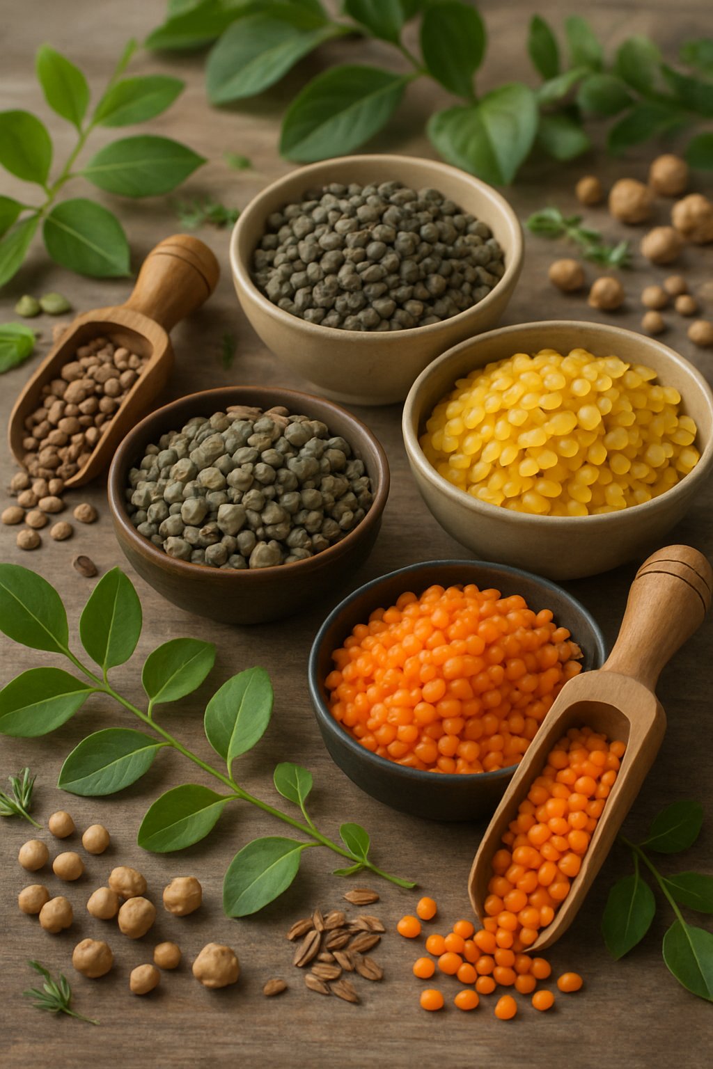 A variety of lentils in bowls and scoops arranged on a wooden table with green leaves around them.